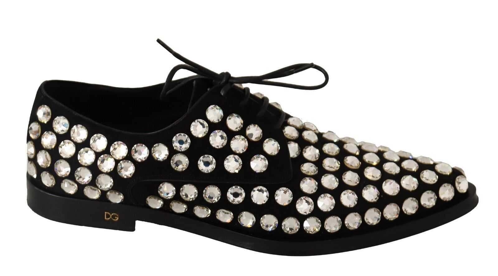 Black shoe with sparkling stones on top of toe cap and heel
