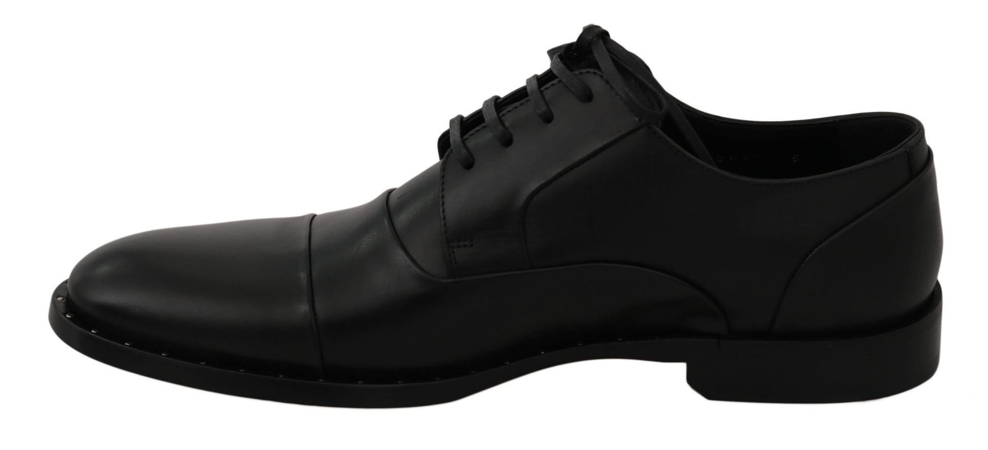 Black dress shoe with laces and a patterned design on the side
