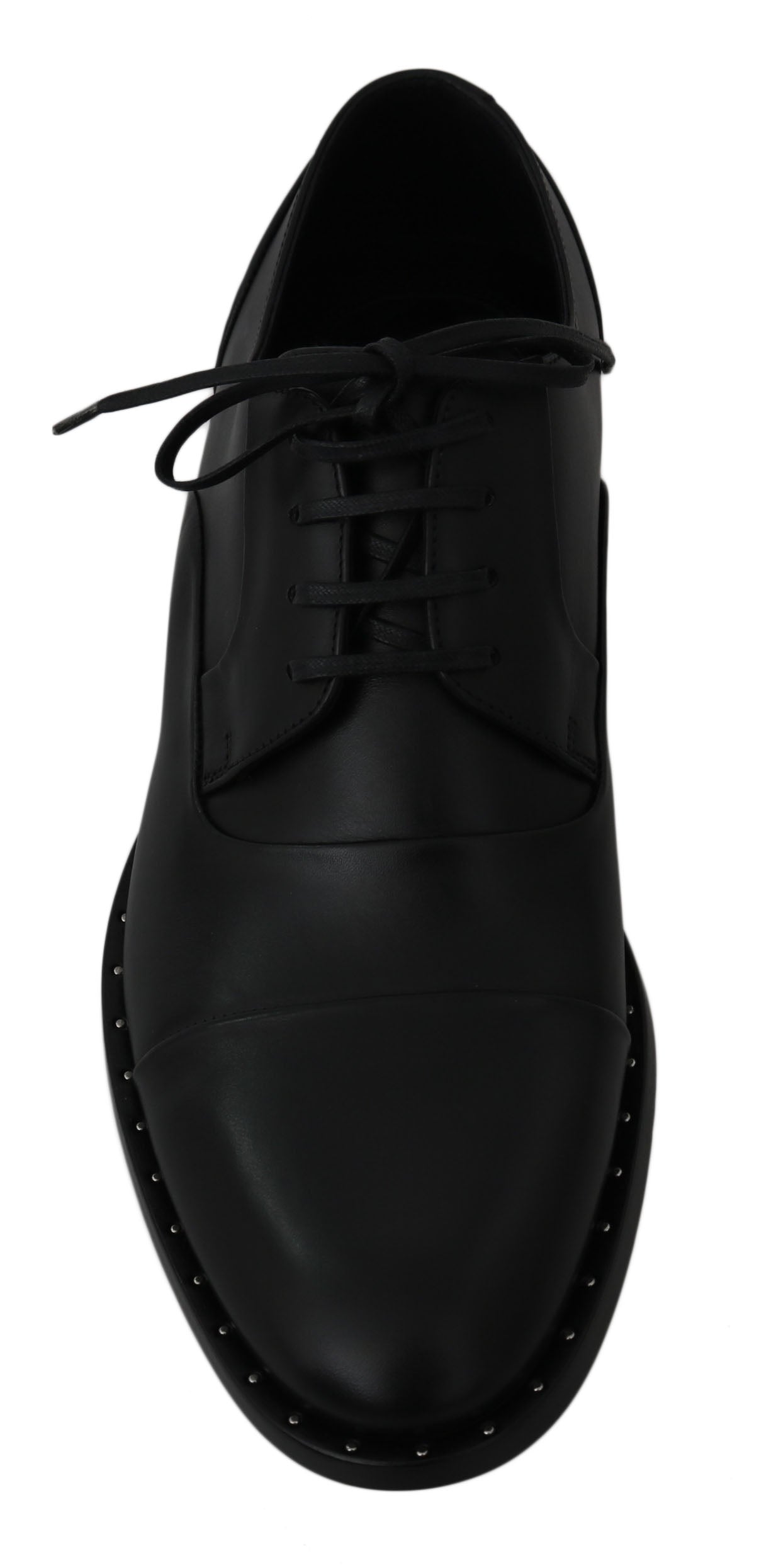 Black lace-up dress shoe with stitched detailing and round toe