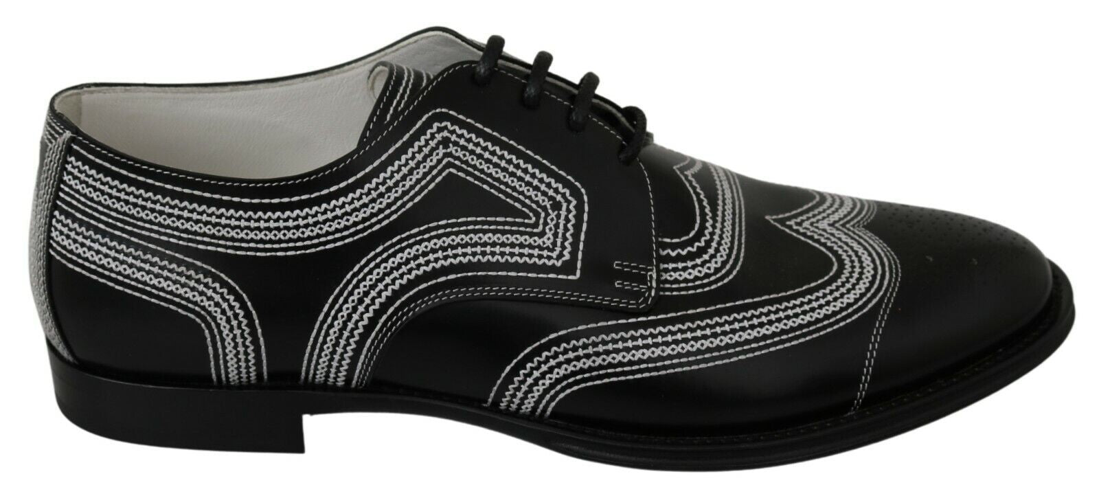 Black dress shoes with white laces and a patterned design on the side