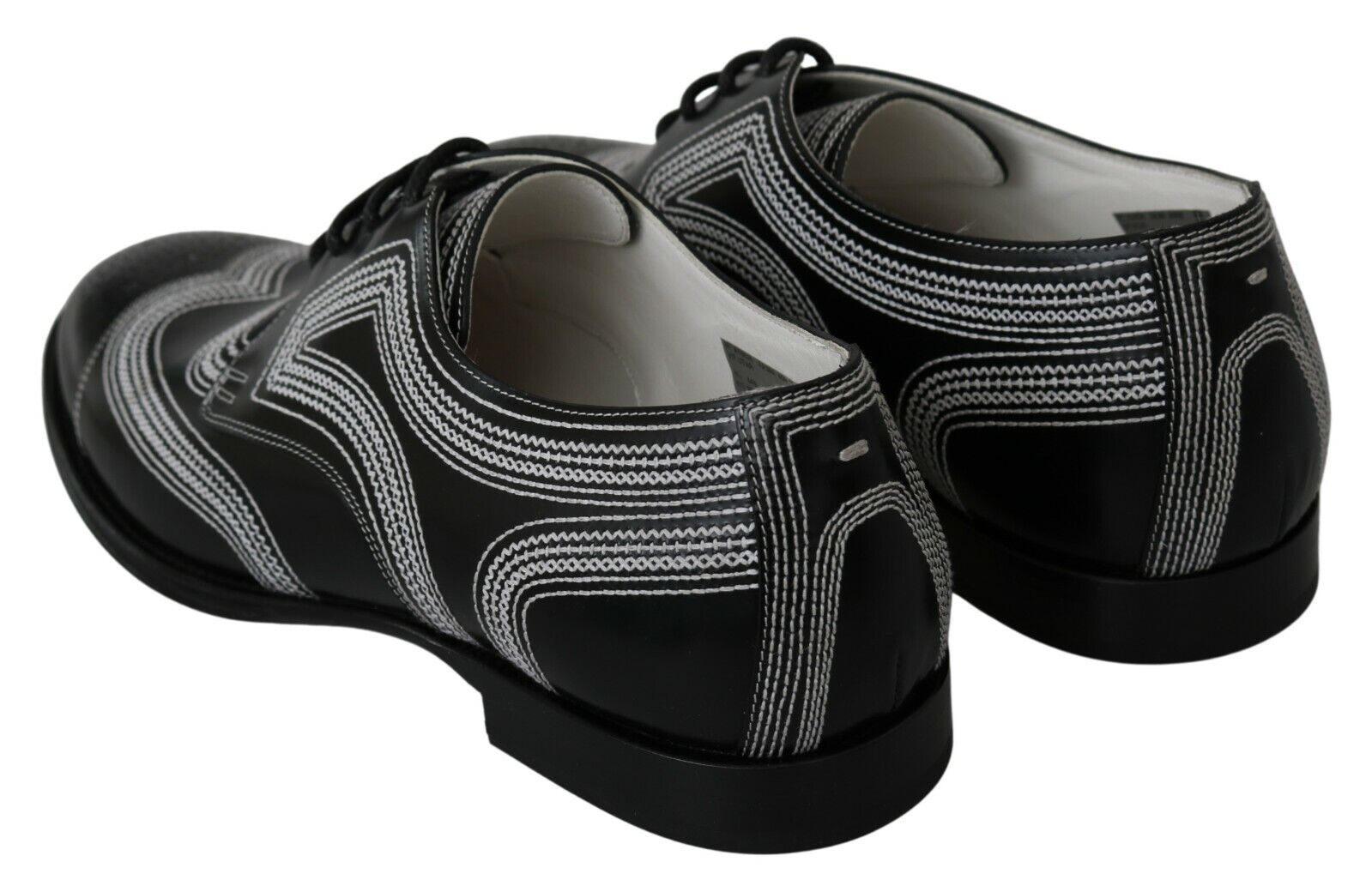 Pair of black dress shoes with a patterned design on the toe cap and heel