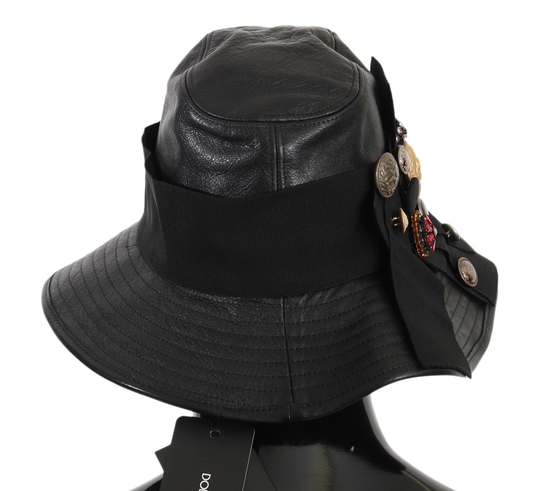 Black bucket hat with decorative buttons on front