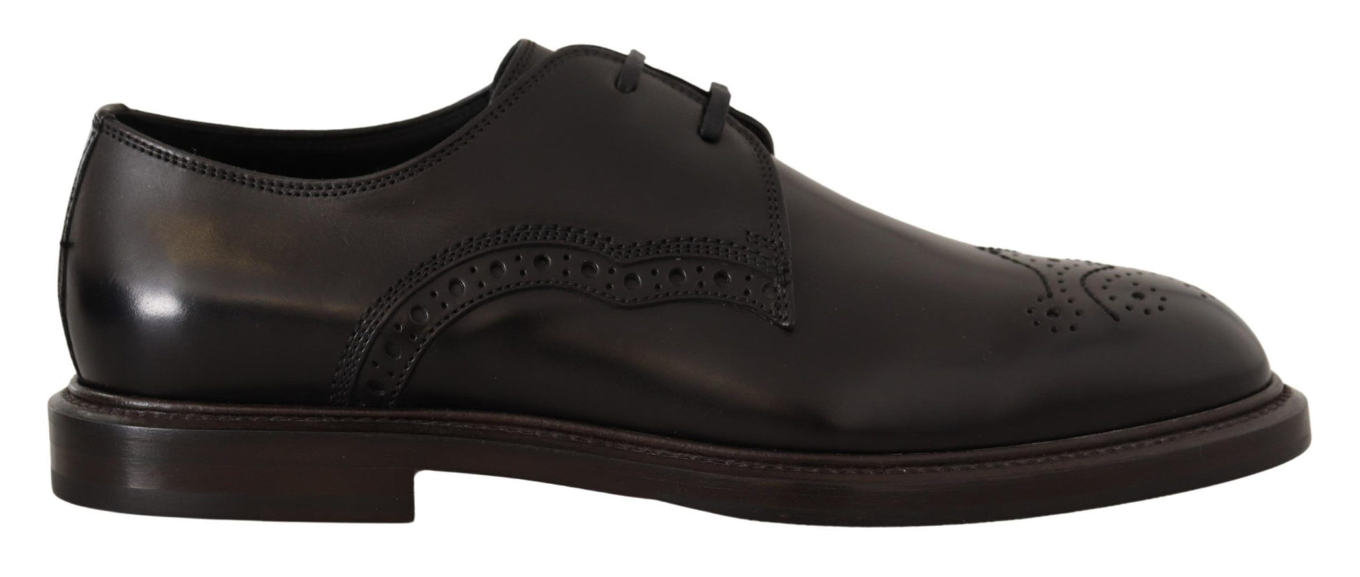 Pair of black dress shoes with laces and a small design on the side