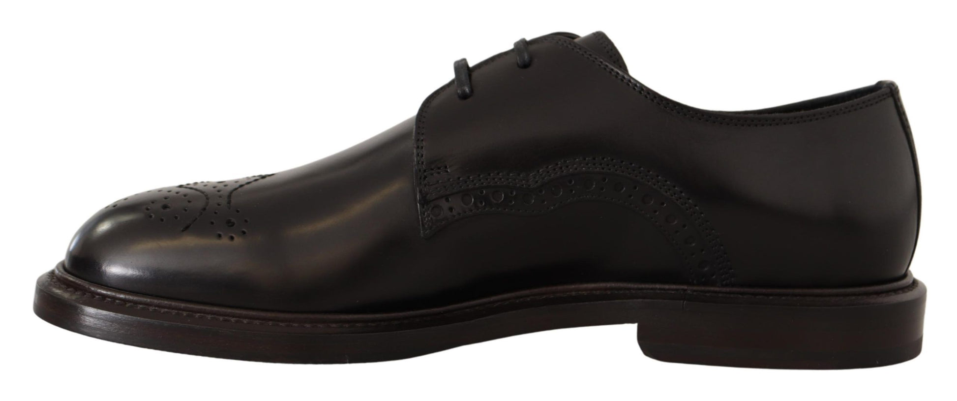 Pair of black dress shoes with laces and a small heel