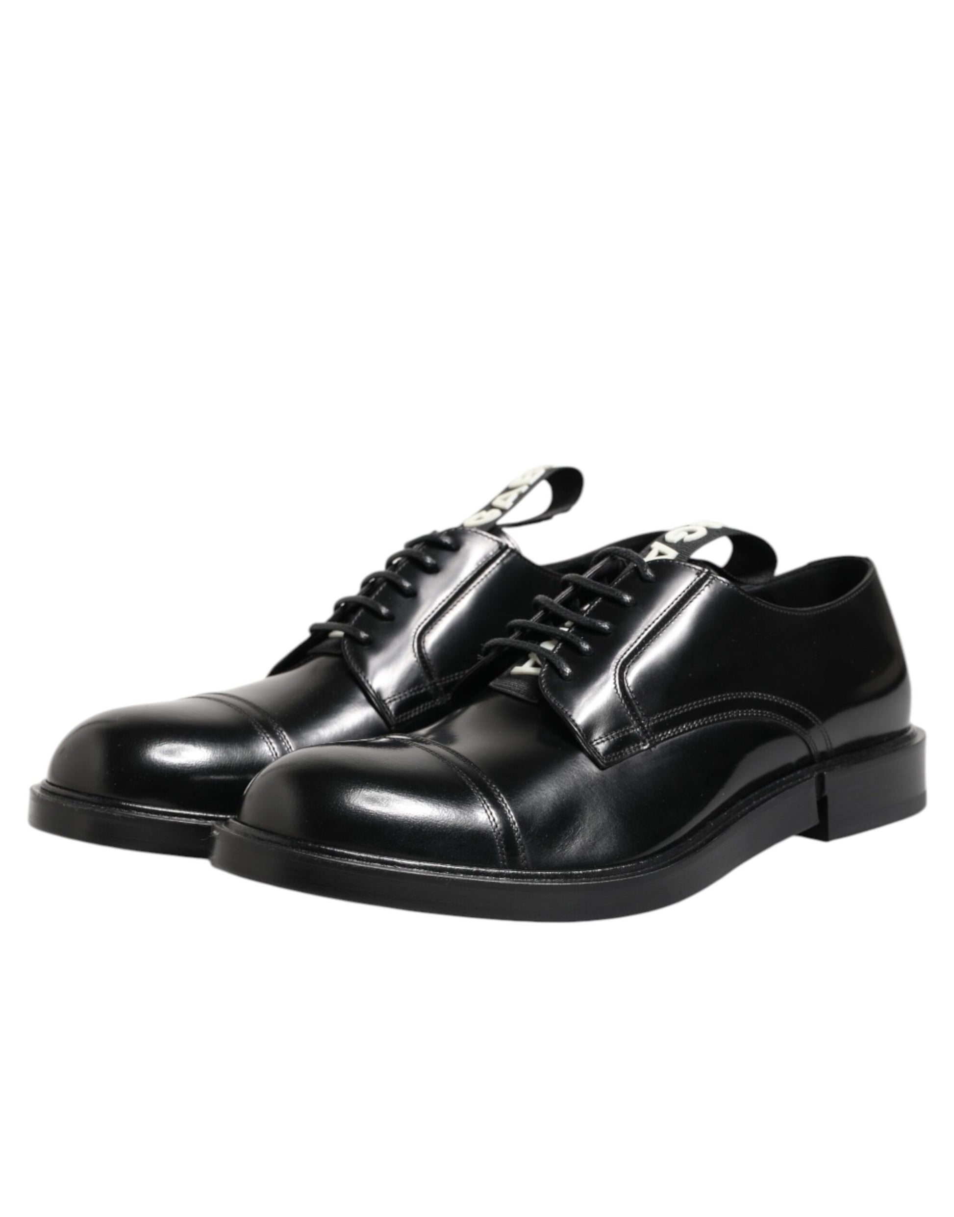 A pair of black leather dress shoes with laces, featuring a shiny finish and a classic design