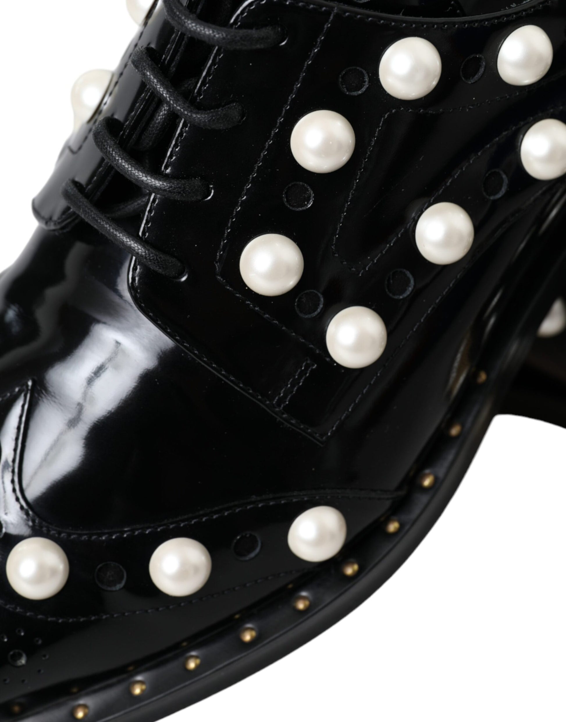 Black leather shoes with faux pearls and gold studs