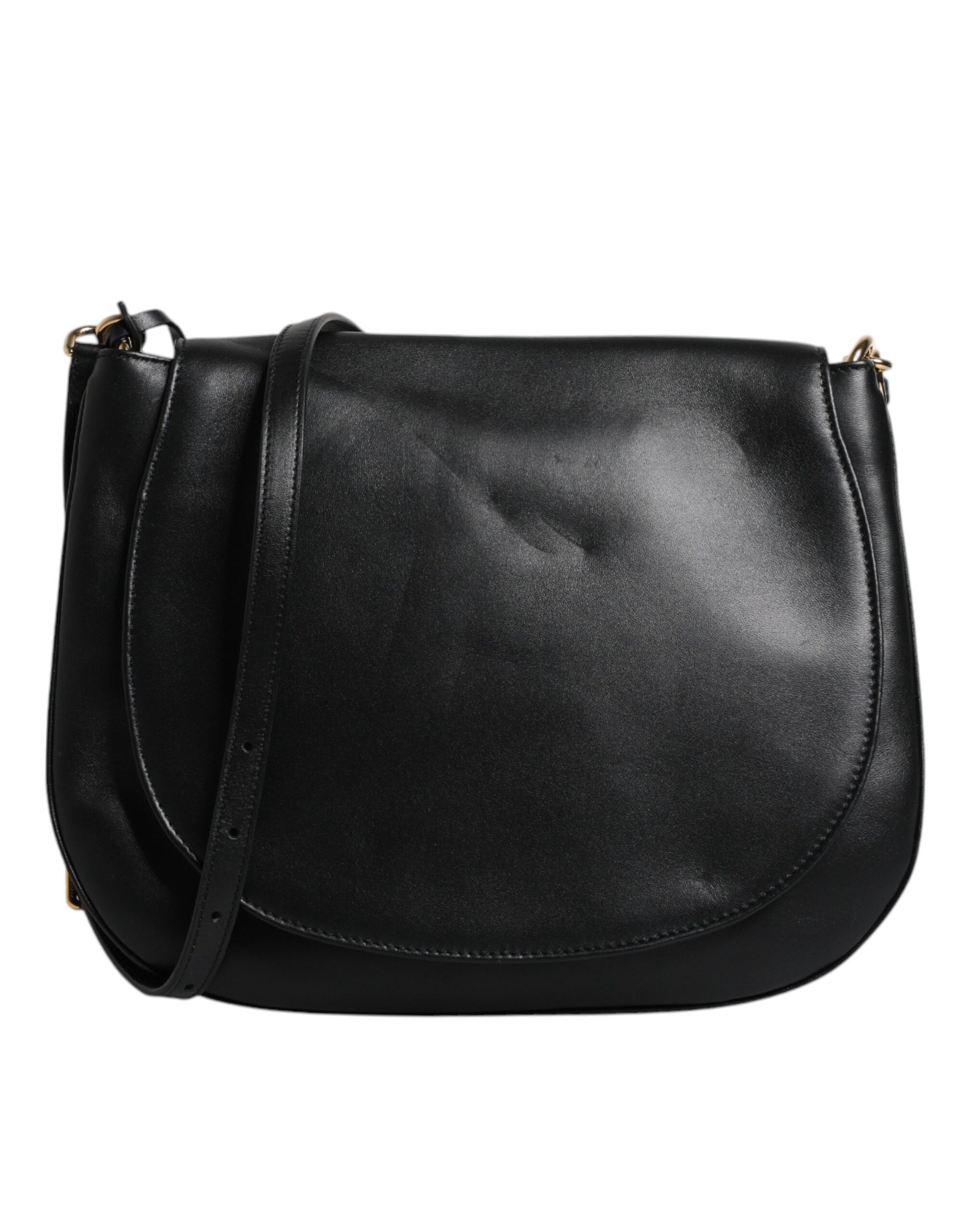 Black leather crossbody bag with gold accents