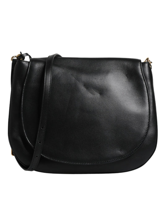 Black leather crossbody bag with gold accents