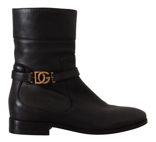 Black leather boot with gold buckle and logo