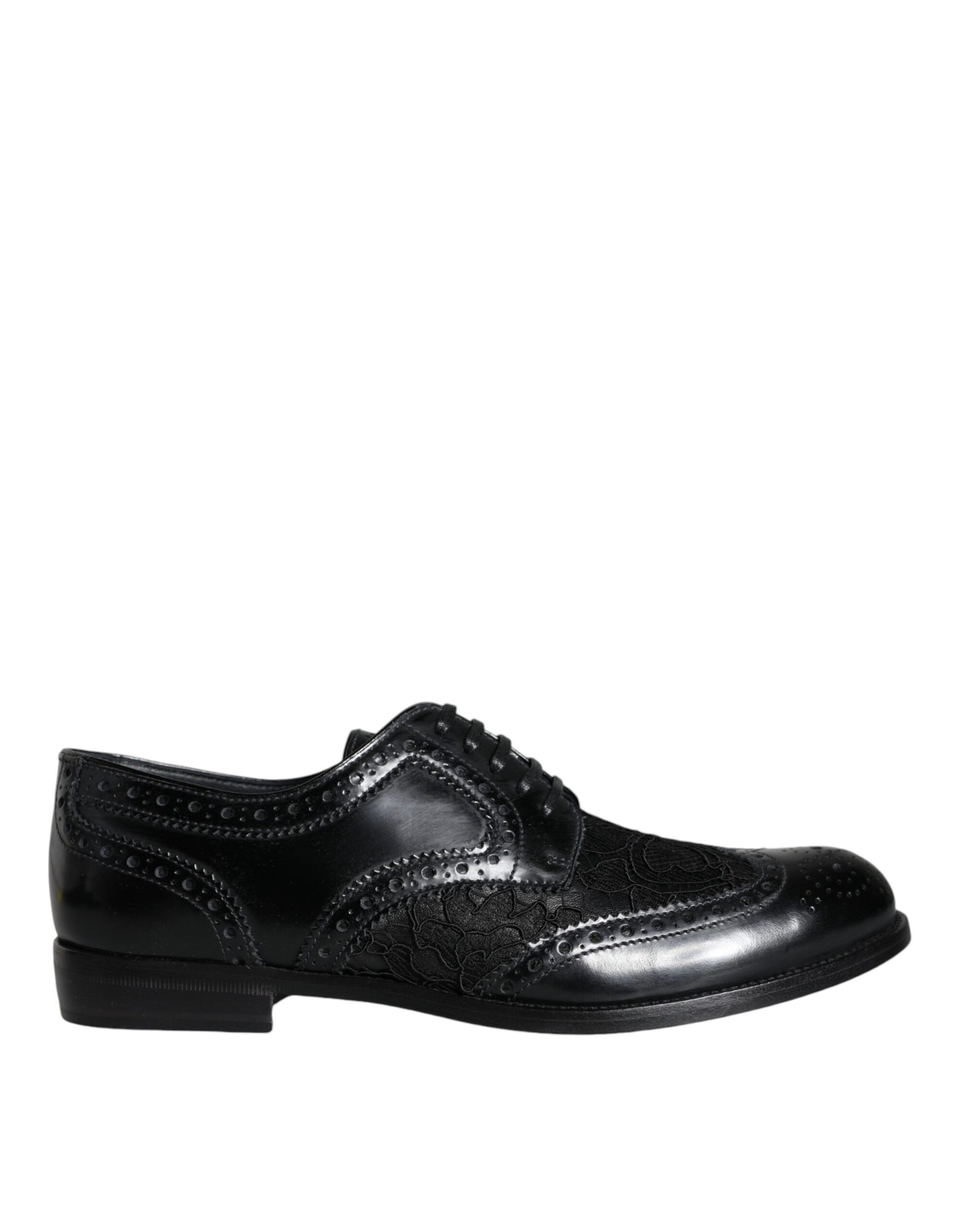 Black leather lace-up dress shoes with floral pattern, by Dolce & Gabbana