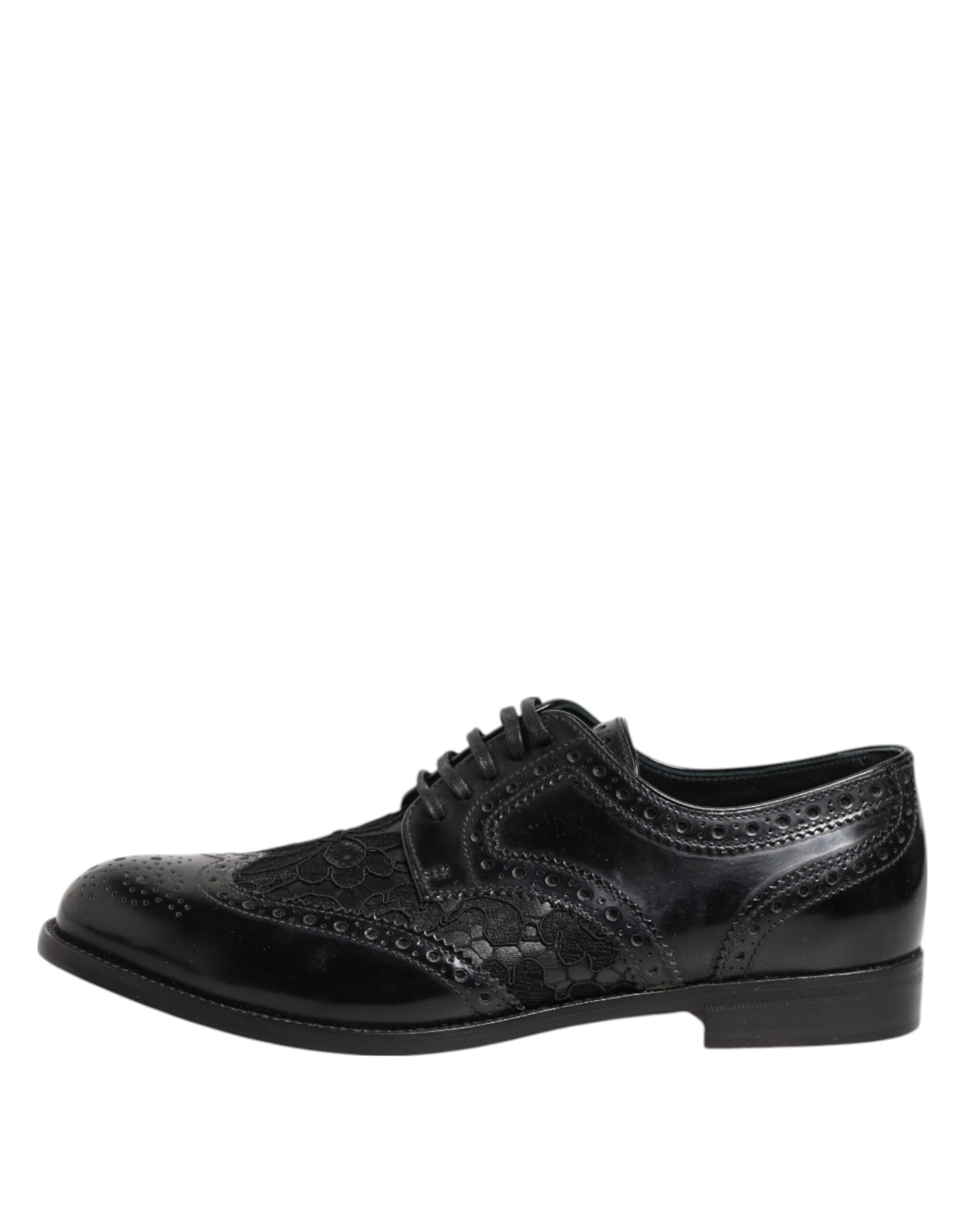 Black leather shoes with floral lace and bow detailing, part of a formal dress shoe collection