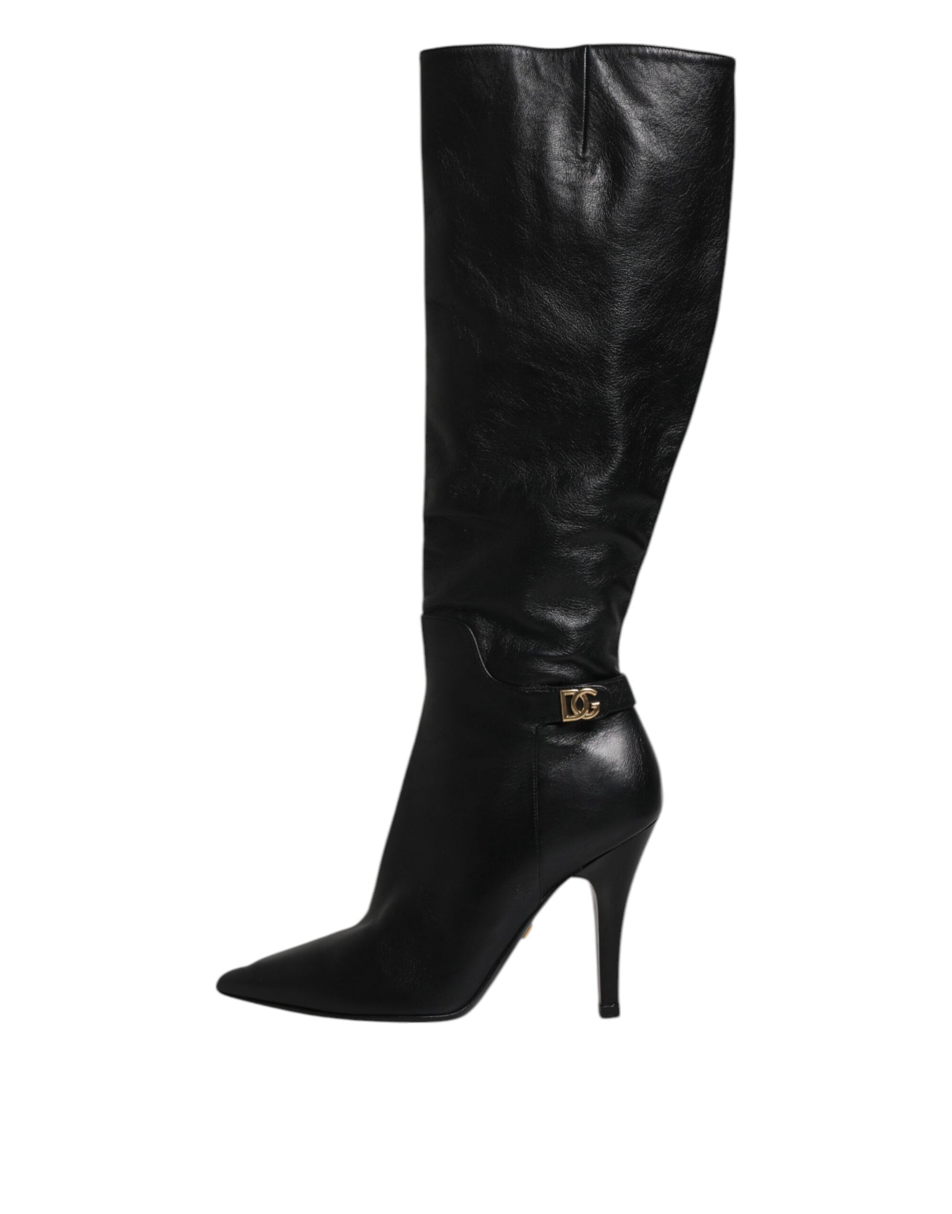 Black knee high boot with gold buckle