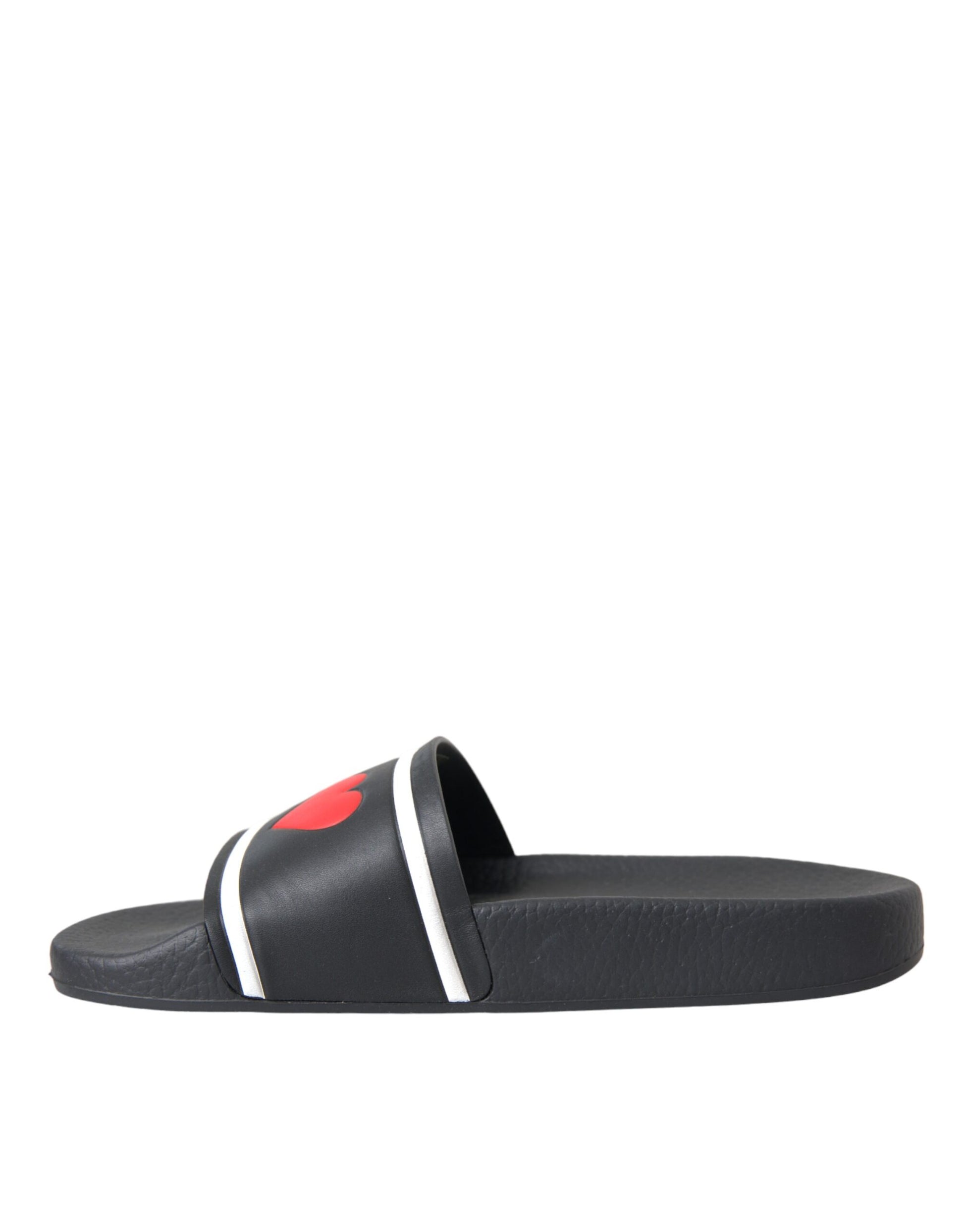 Black slide sandal with red heart on strap