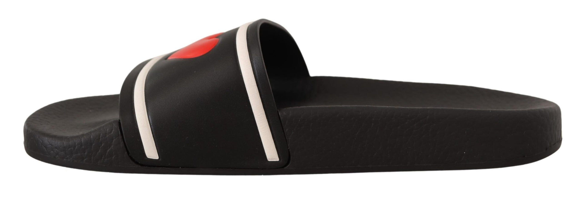 Pair of black sandals with red and white accents