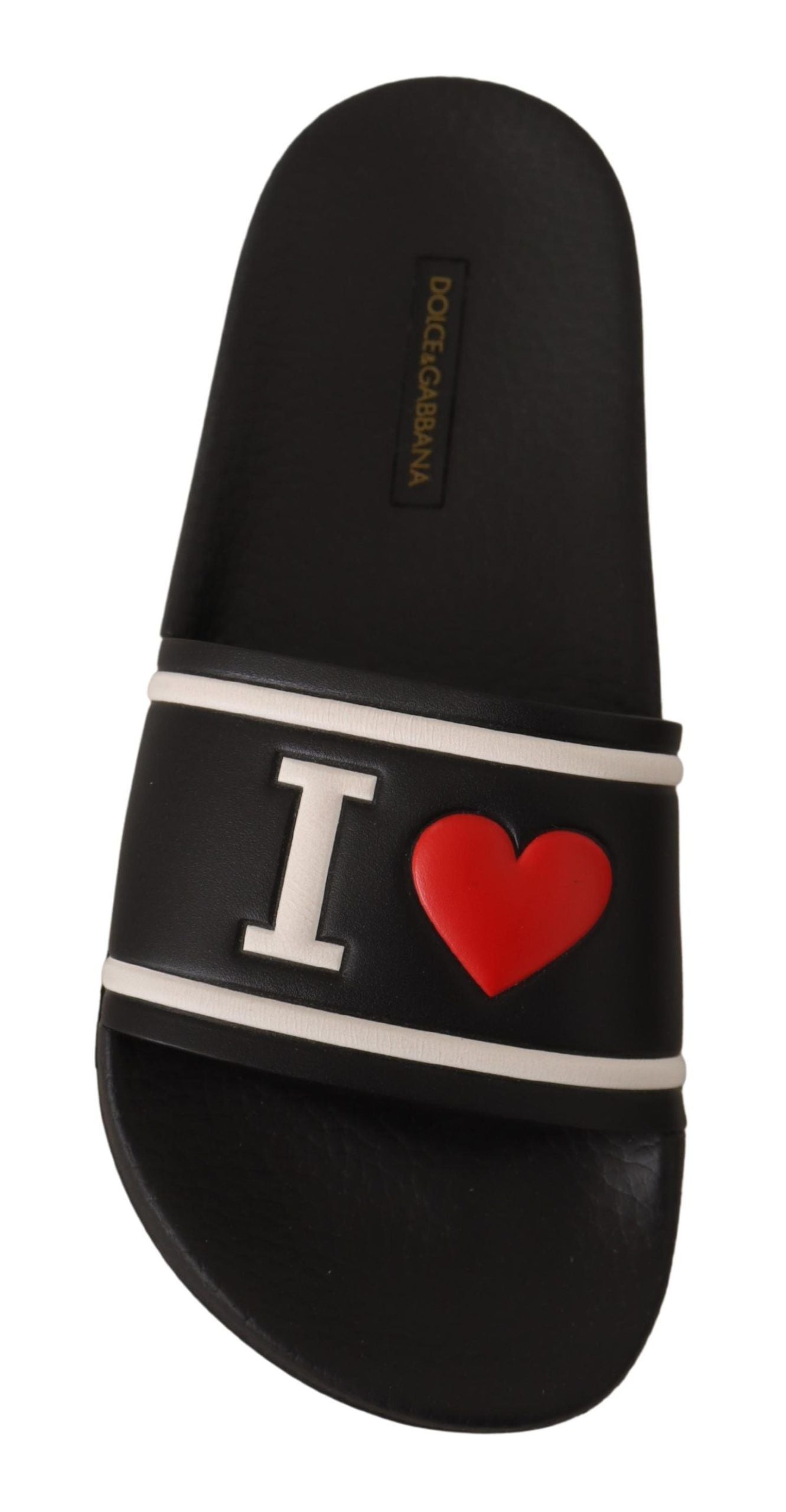 Pair of black flip flops with red heart and I love written on them