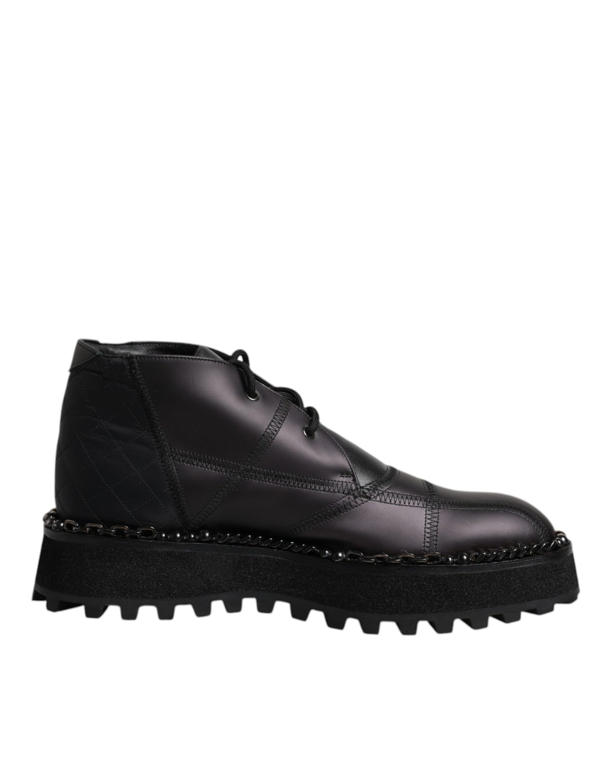 Black leather ankle boot with laces and studded detailing