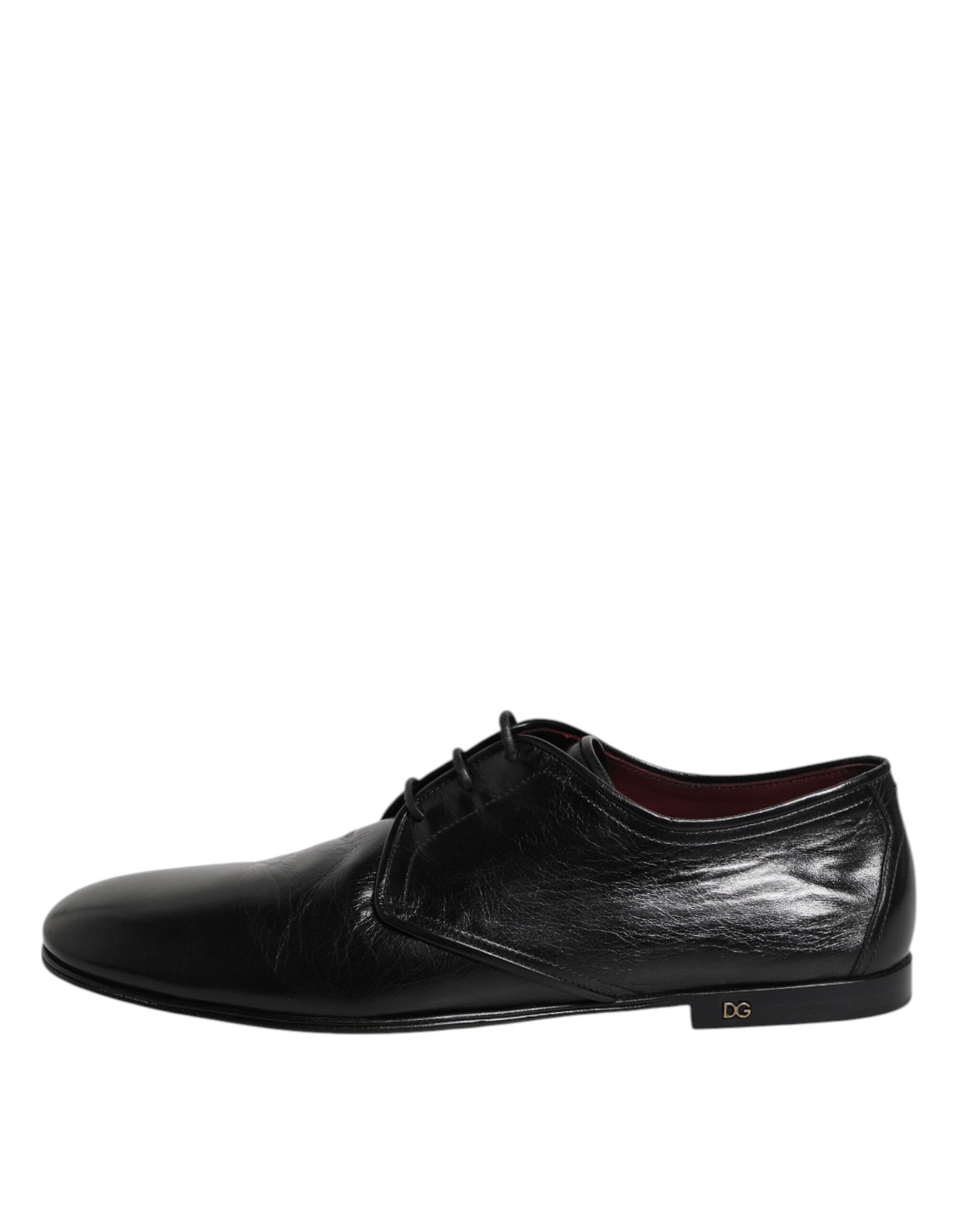 A pair of black leather lace-up dress shoes with a red logo on the side