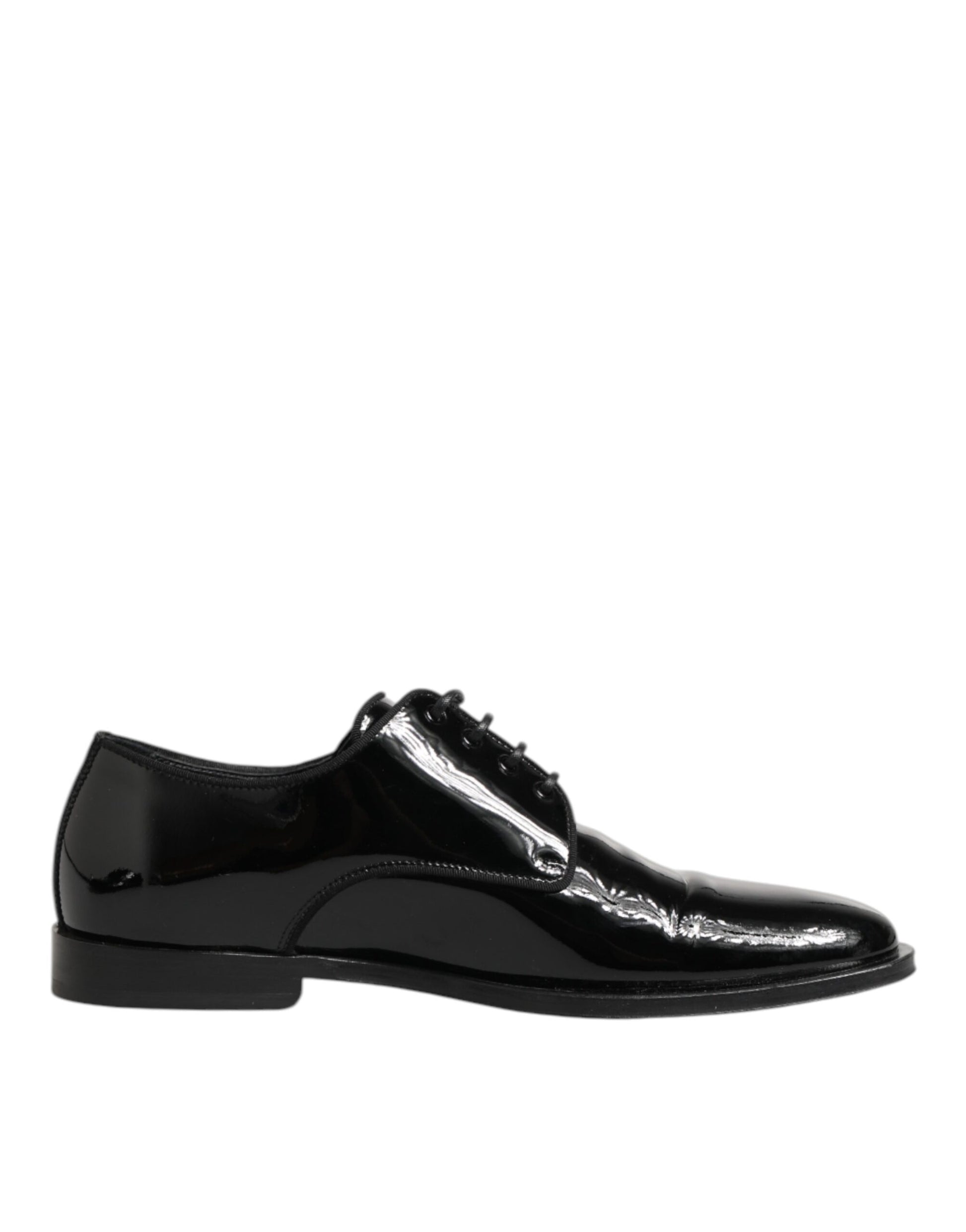 Black leather lace up derby shoes with silver buckle detailing