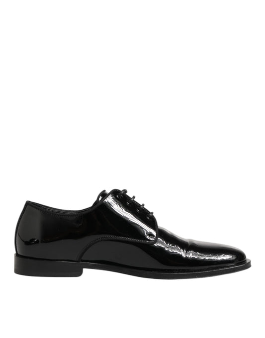Black leather lace up derby shoes with silver buckle detailing