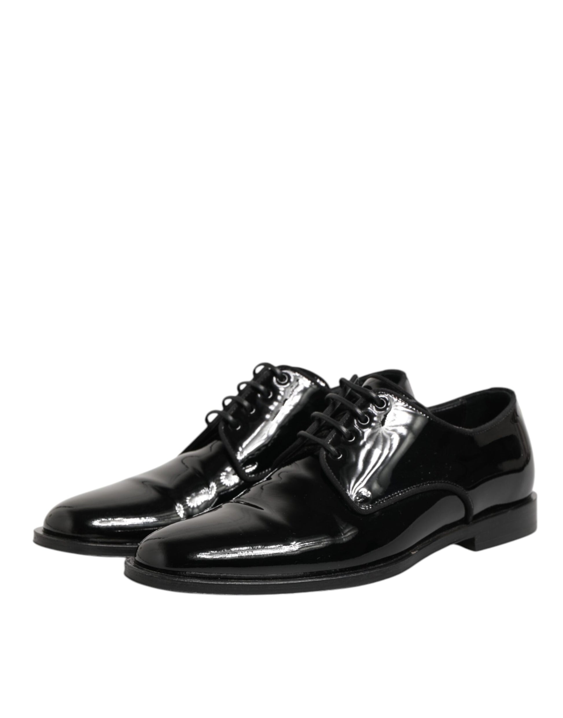 Pair of black leather lace-up dress shoes with silver buckle detail