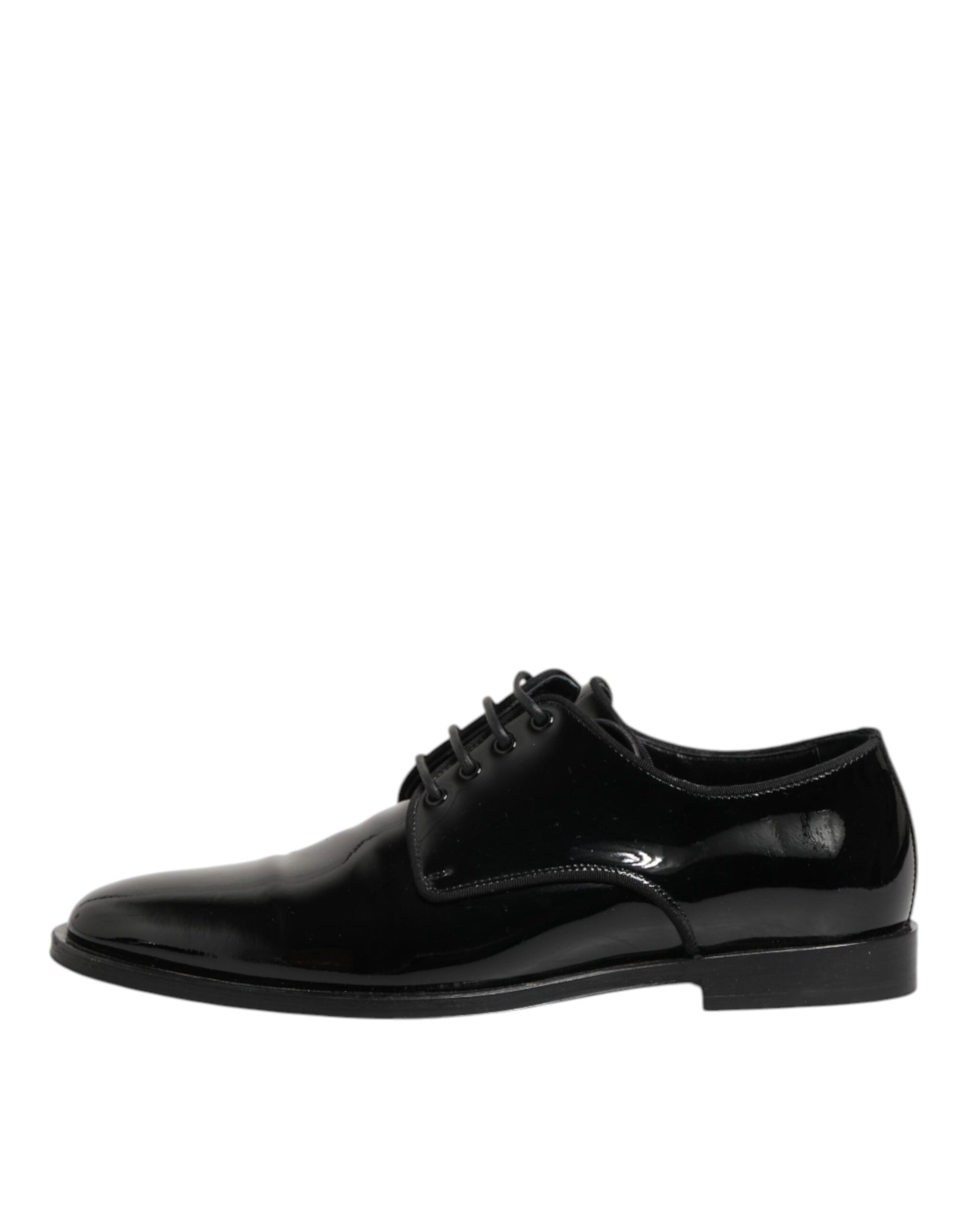 A pair of black leather lace-up dress shoes with a shiny finish