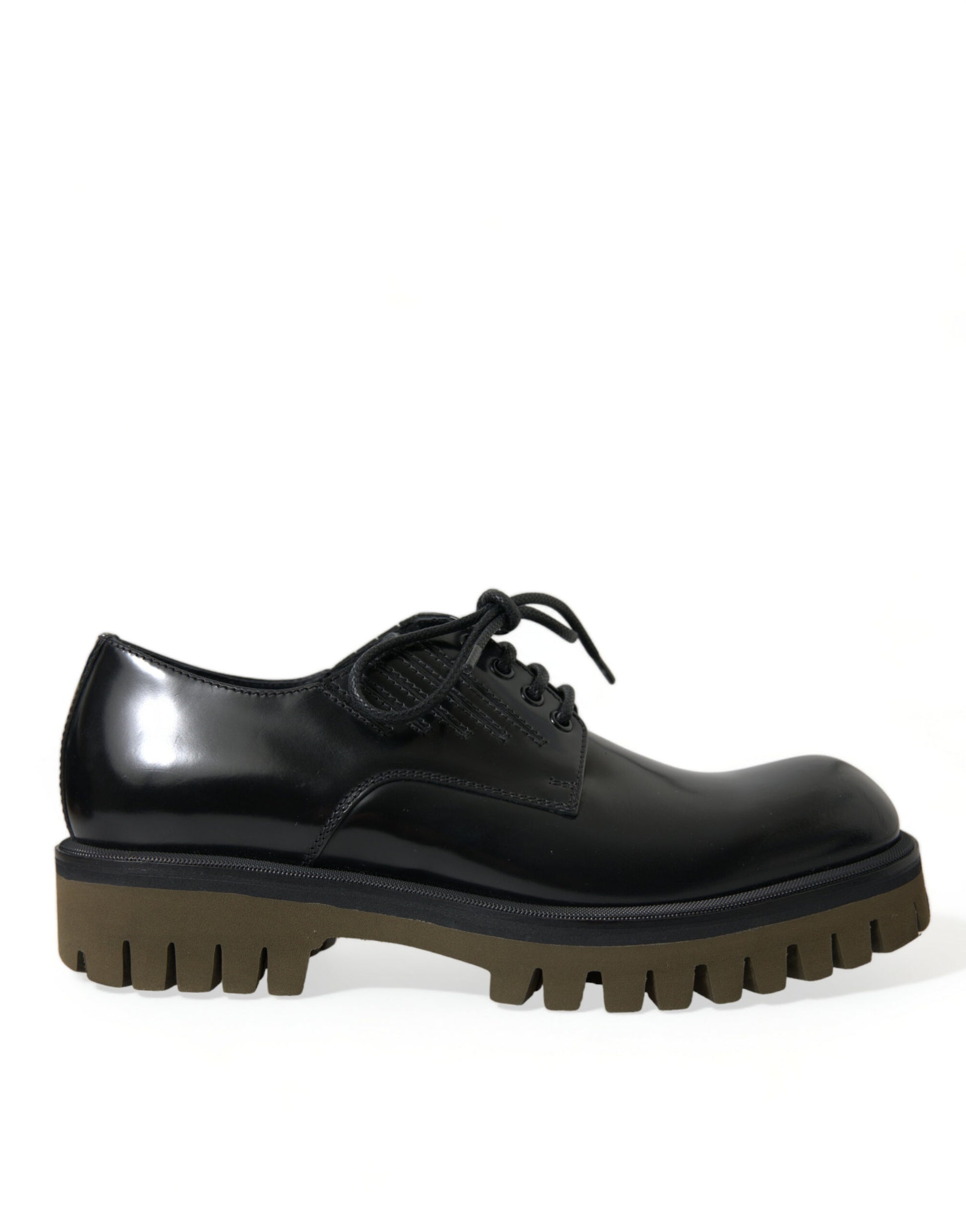 Black leather lace-up shoe with brown sole and heel