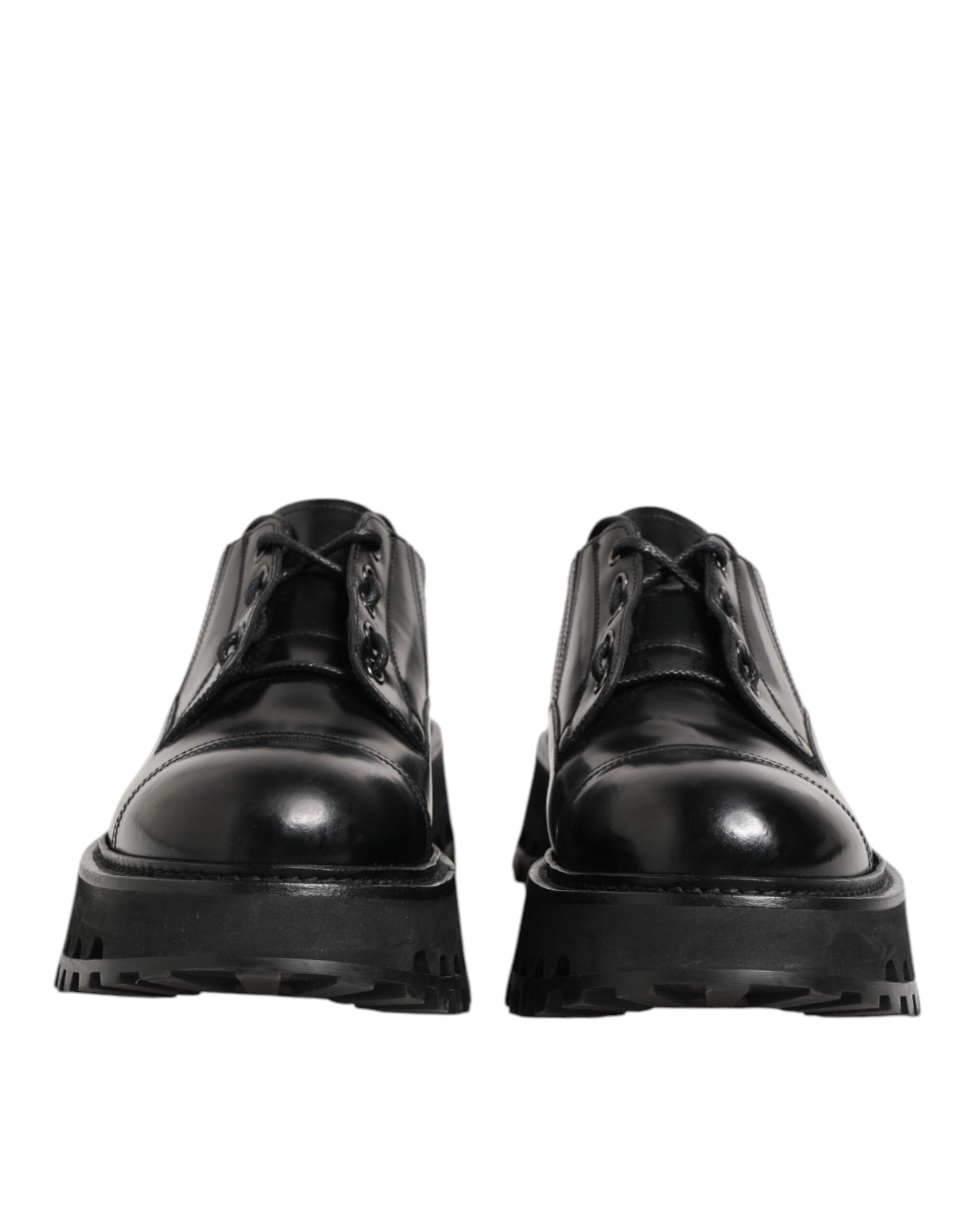 Pair of black leather lace-up dress shoes with a shiny finish, featuring a round toe and elastic panels for comfort