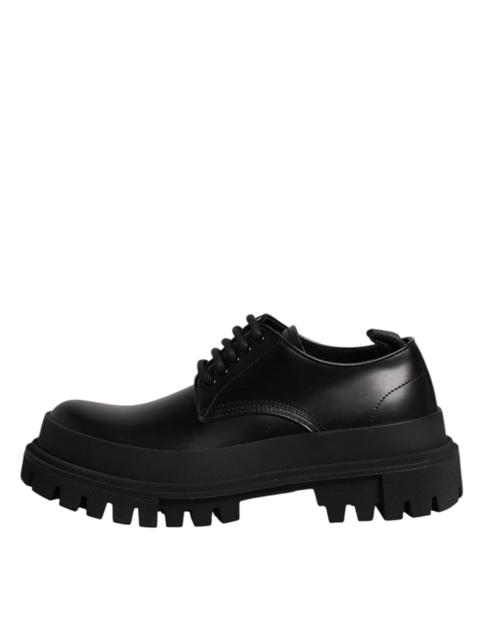 A pair of black leather lace-up dress shoes with a chunky sole, designed for men