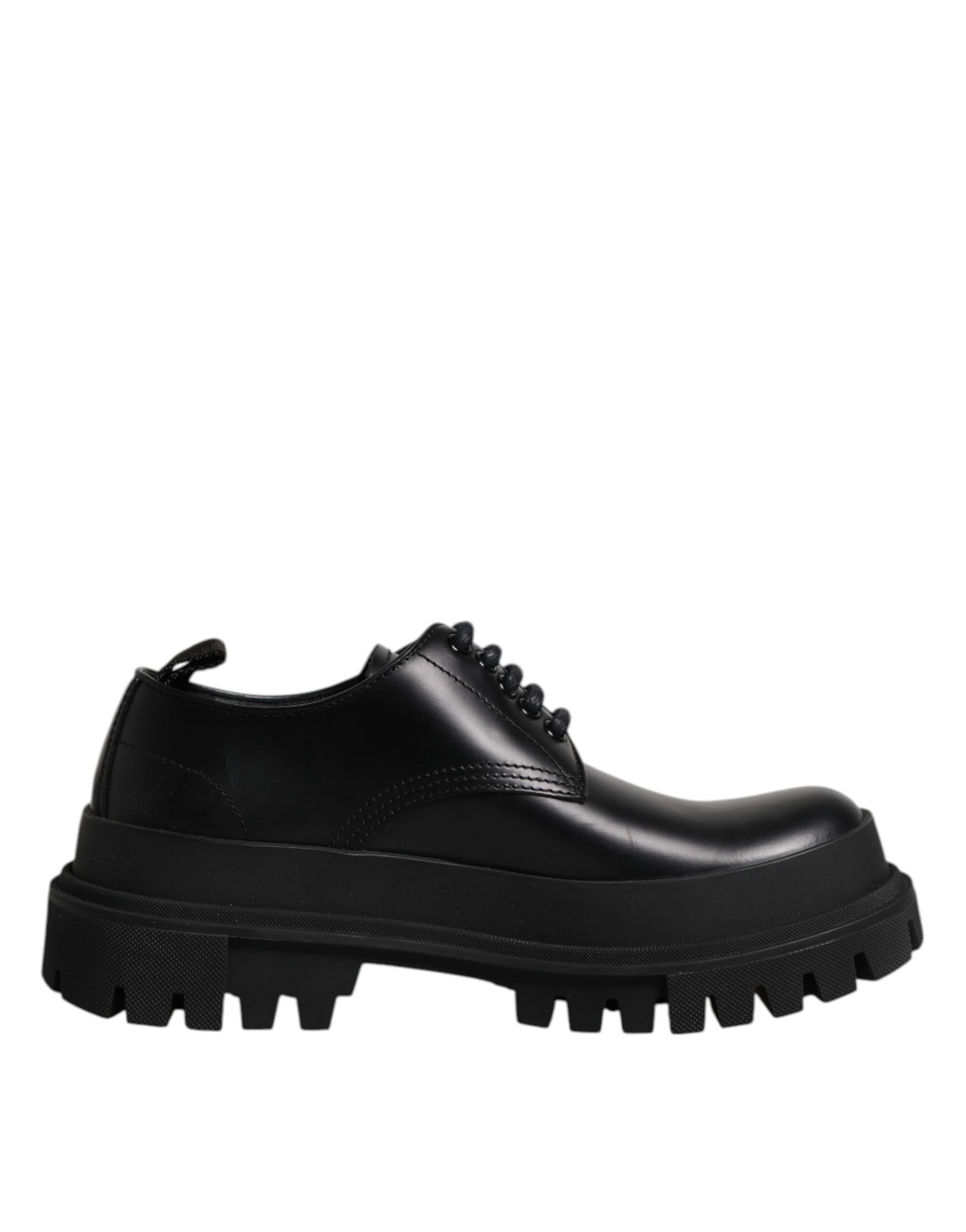 A pair of black leather lace-up dress shoes with a chunky sole design