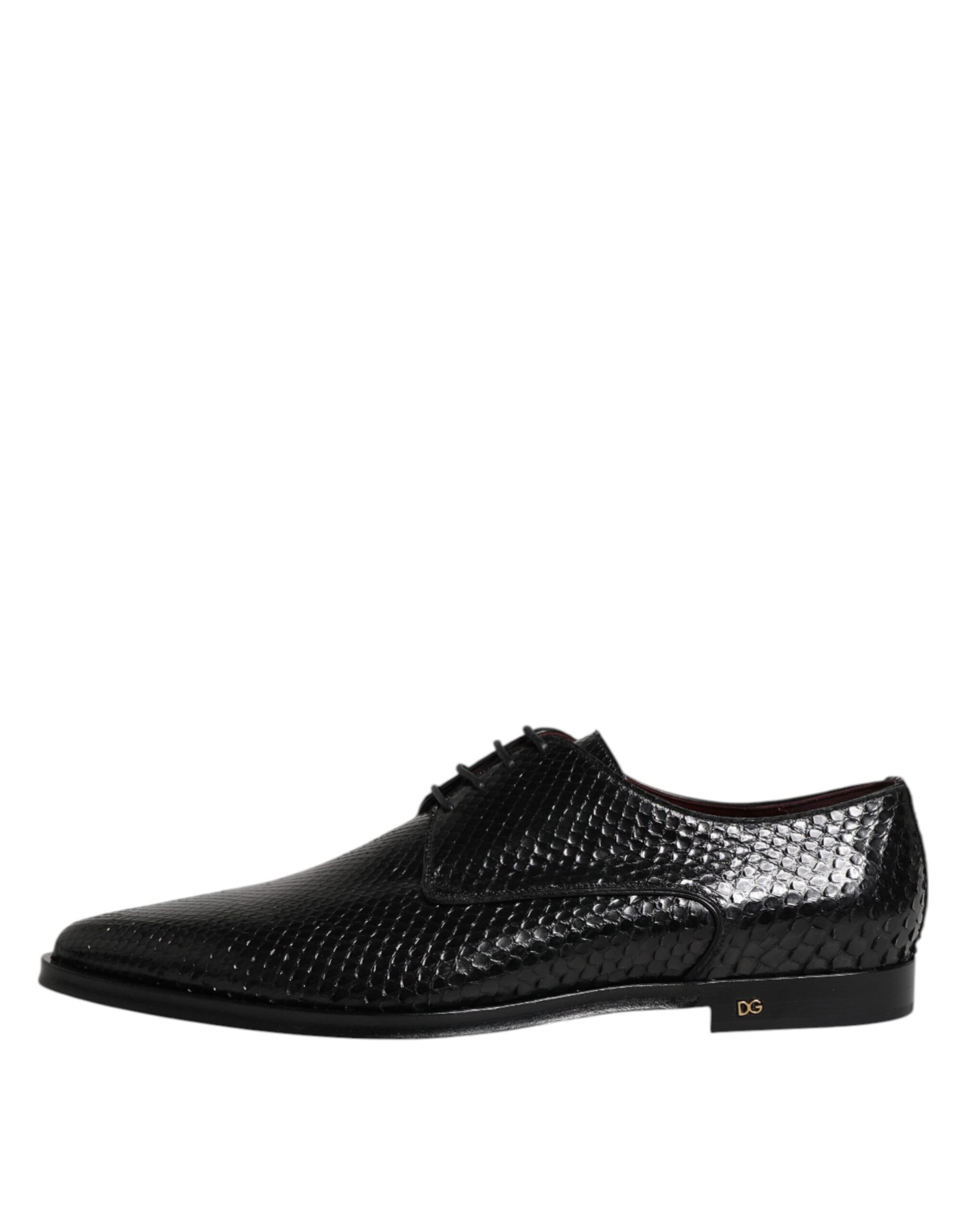 A pair of black leather lace-up dress shoes with a textured pattern on the toe cap
