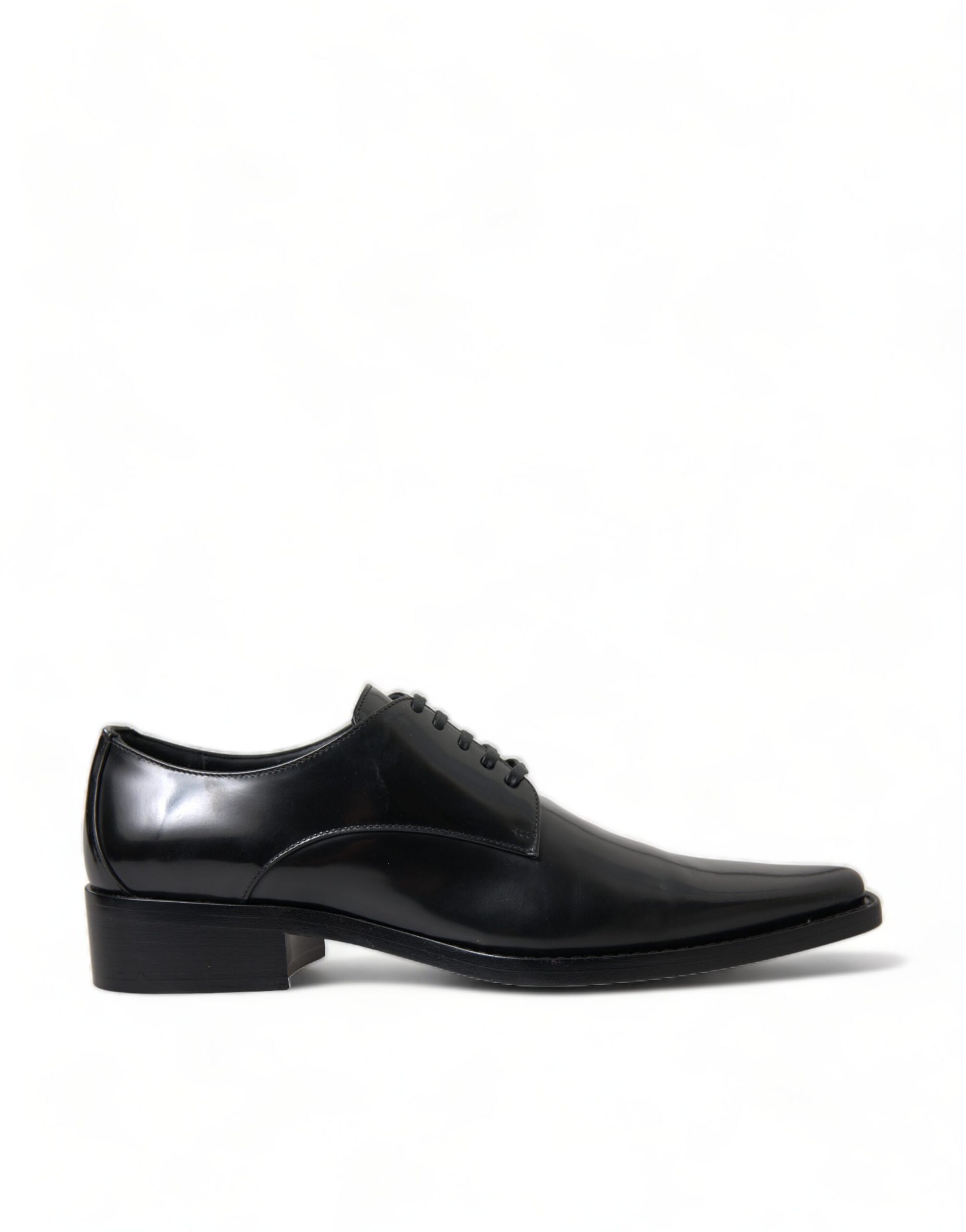 Black leather dress shoe with laces and a small heel
