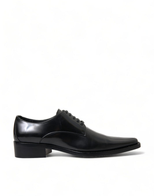Black leather dress shoe with laces and a small heel