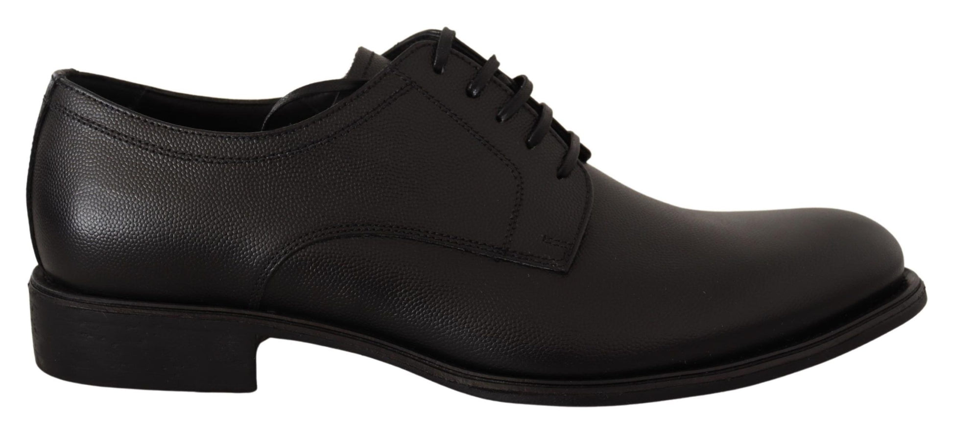 Pair of black leather dress shoes with laces and a small heel