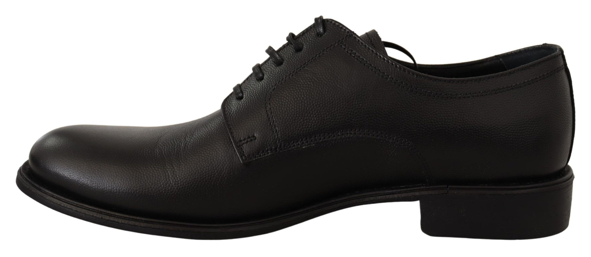 Black leather dress shoe with laces and a bow tie detail on the vamp