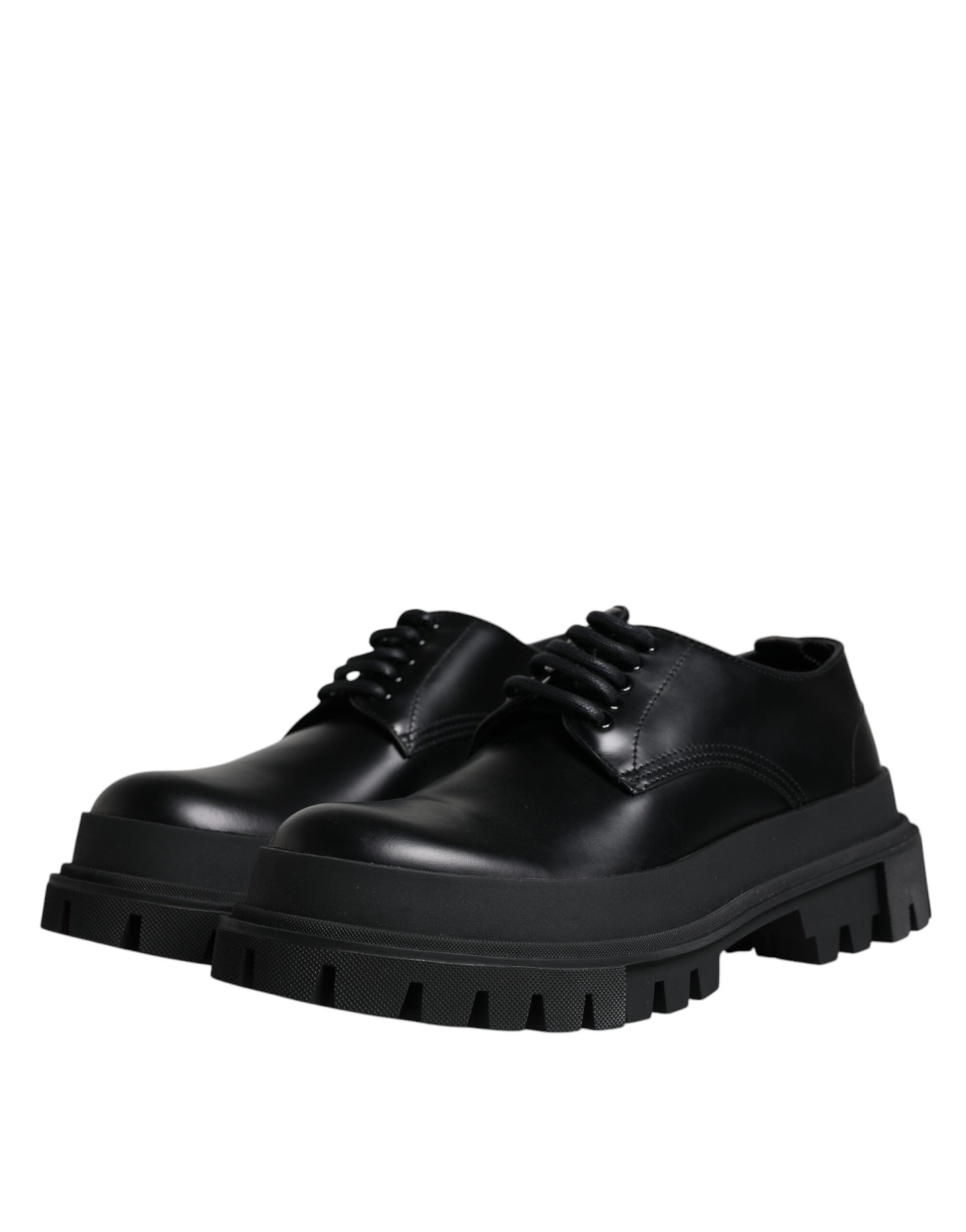 A pair of black leather lace-up shoes with a trekking sole