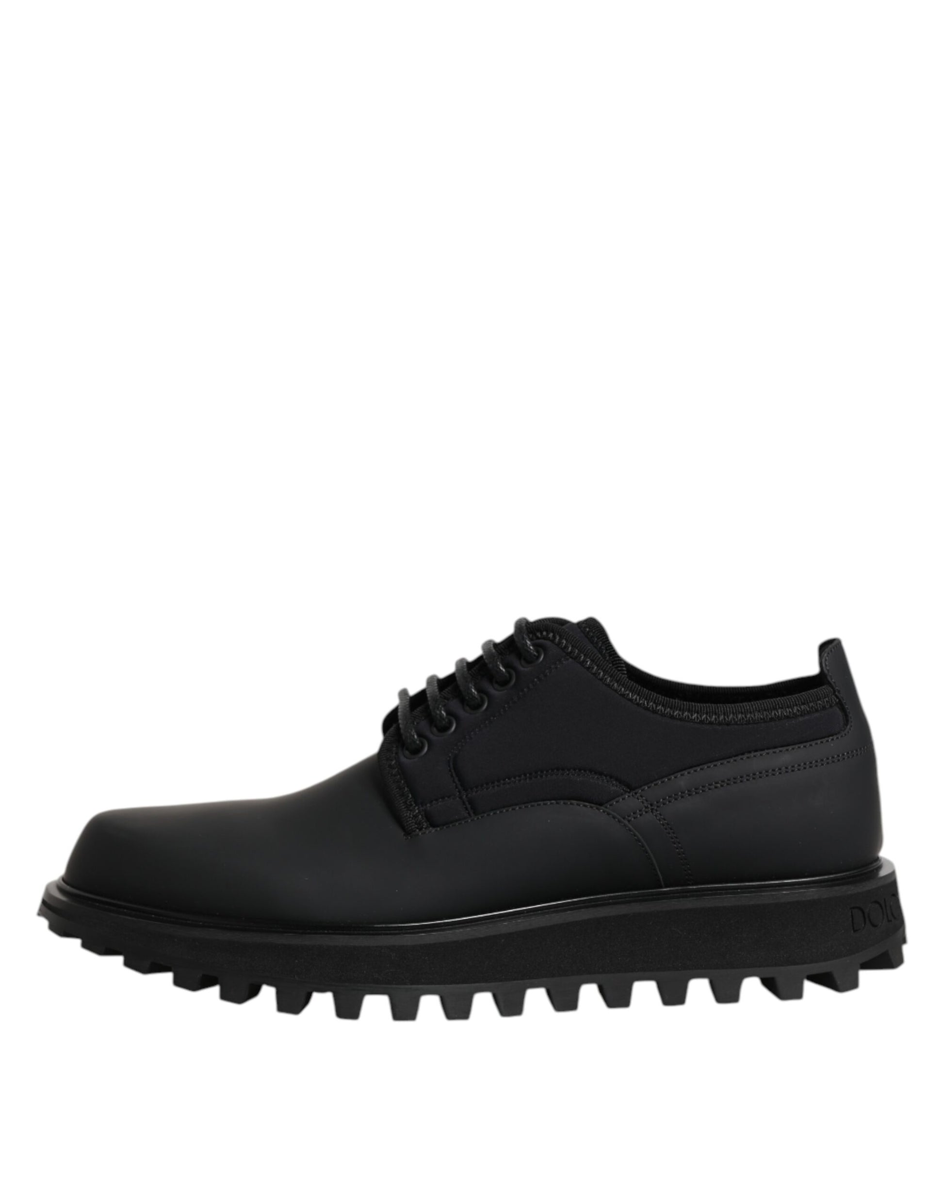 A pair of black leather lace-up shoes with a trekking sole