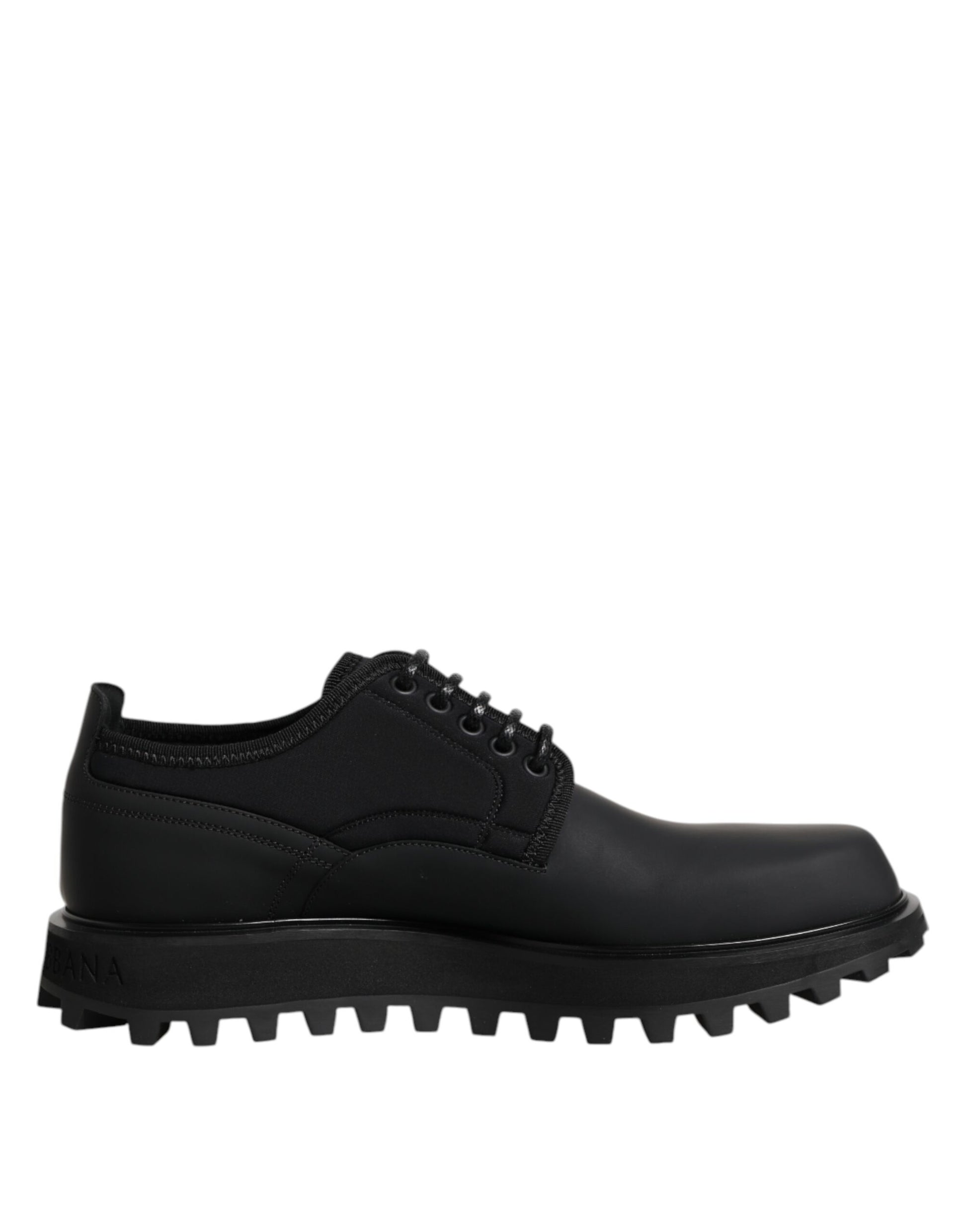 A pair of black leather lace-up shoes with a trekking sole