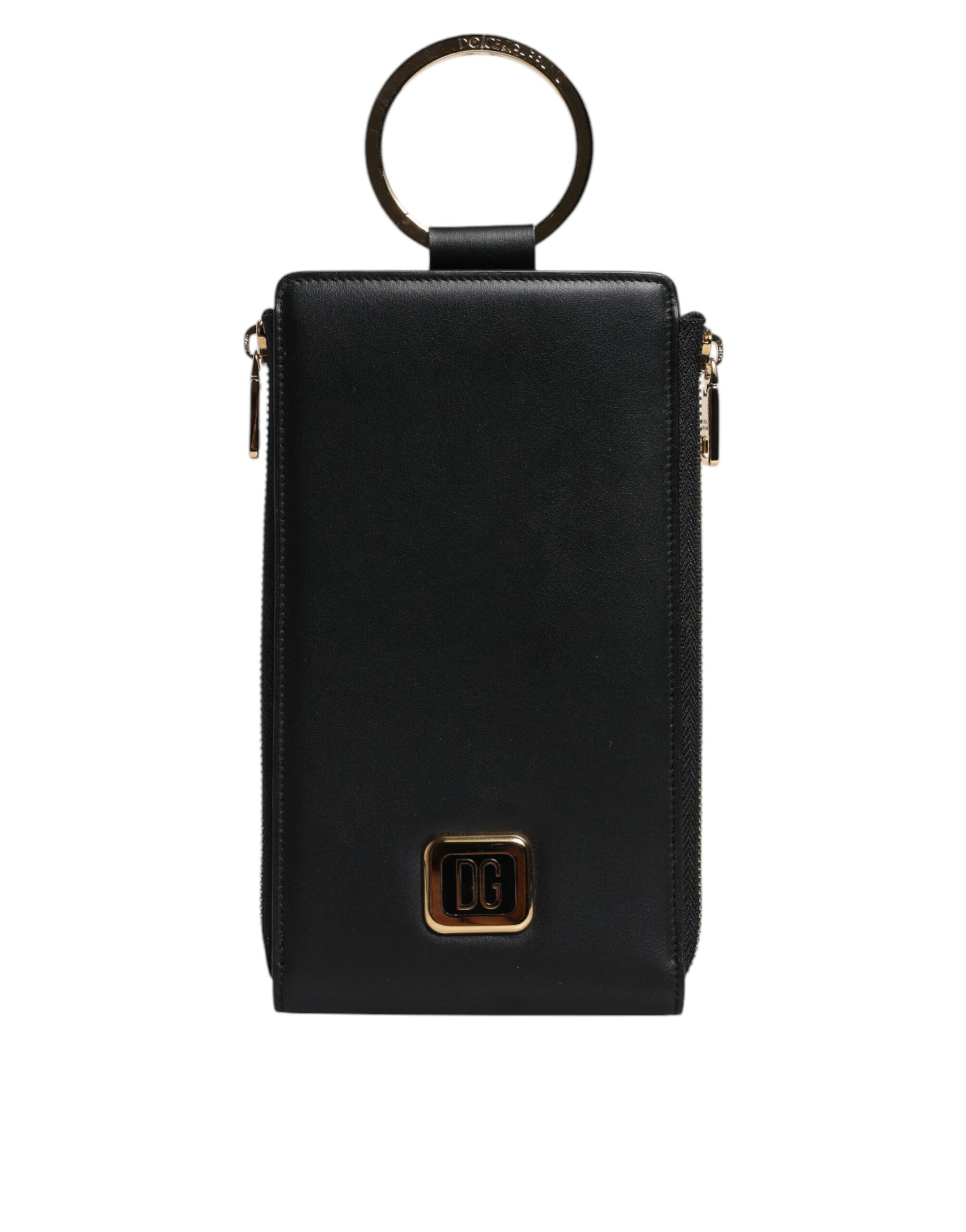 Black leather wallet with gold accents