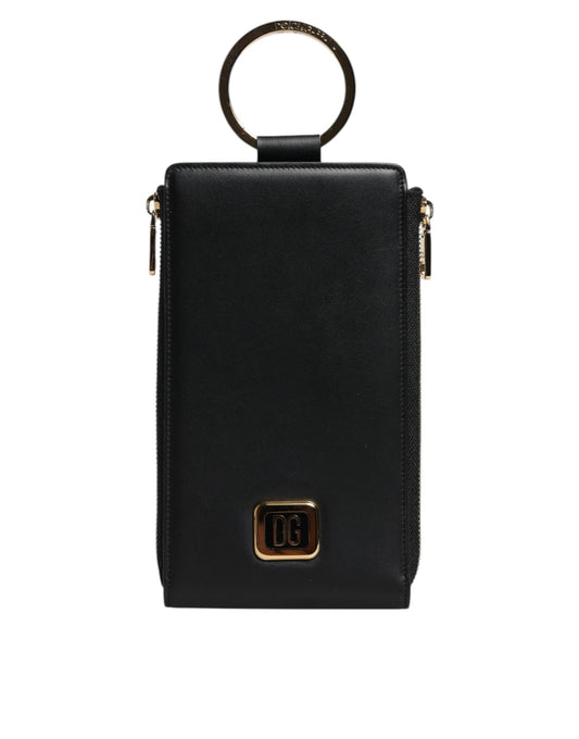 Black leather wallet with gold accents
