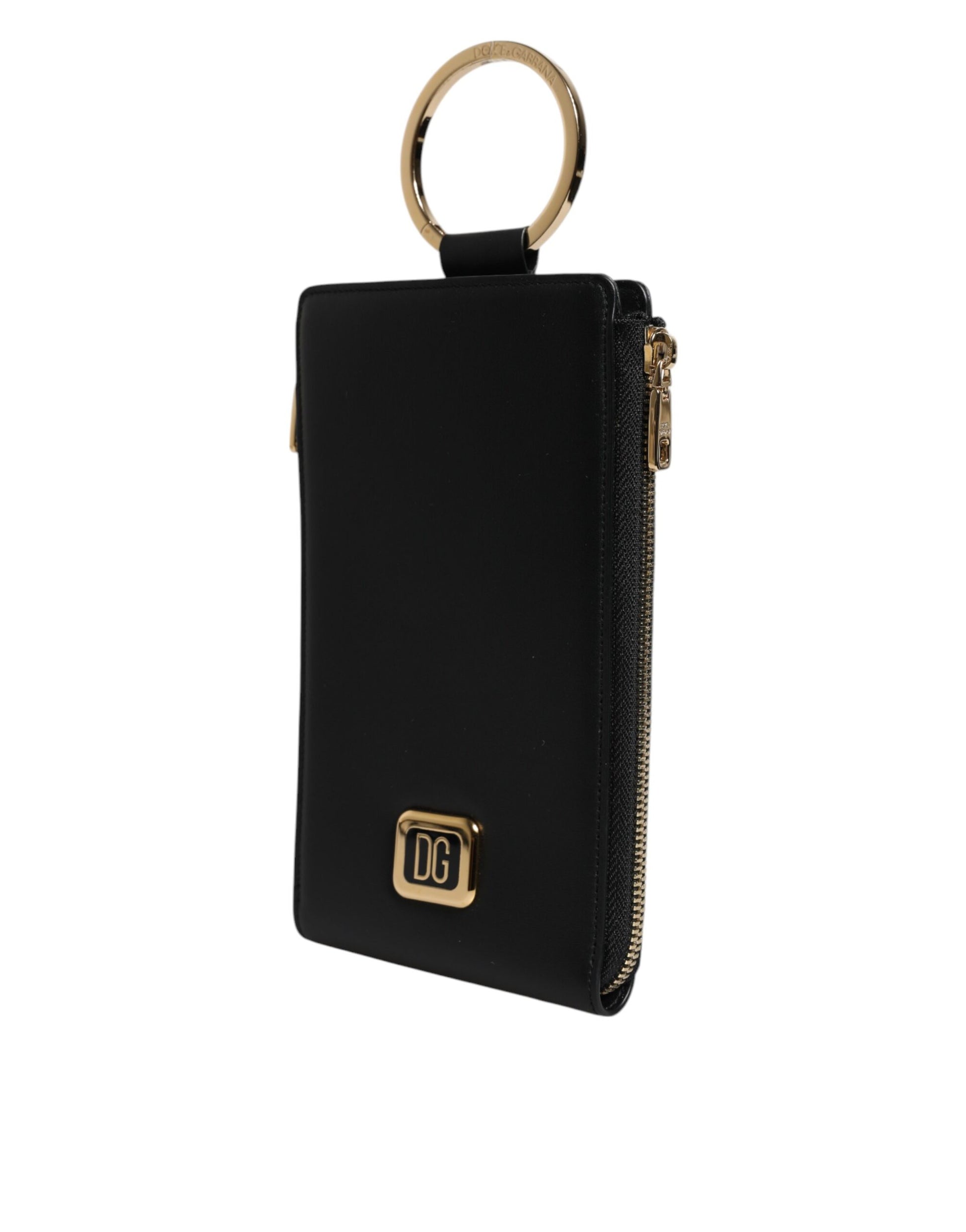 Black wallet with gold accents and a zipper closure
