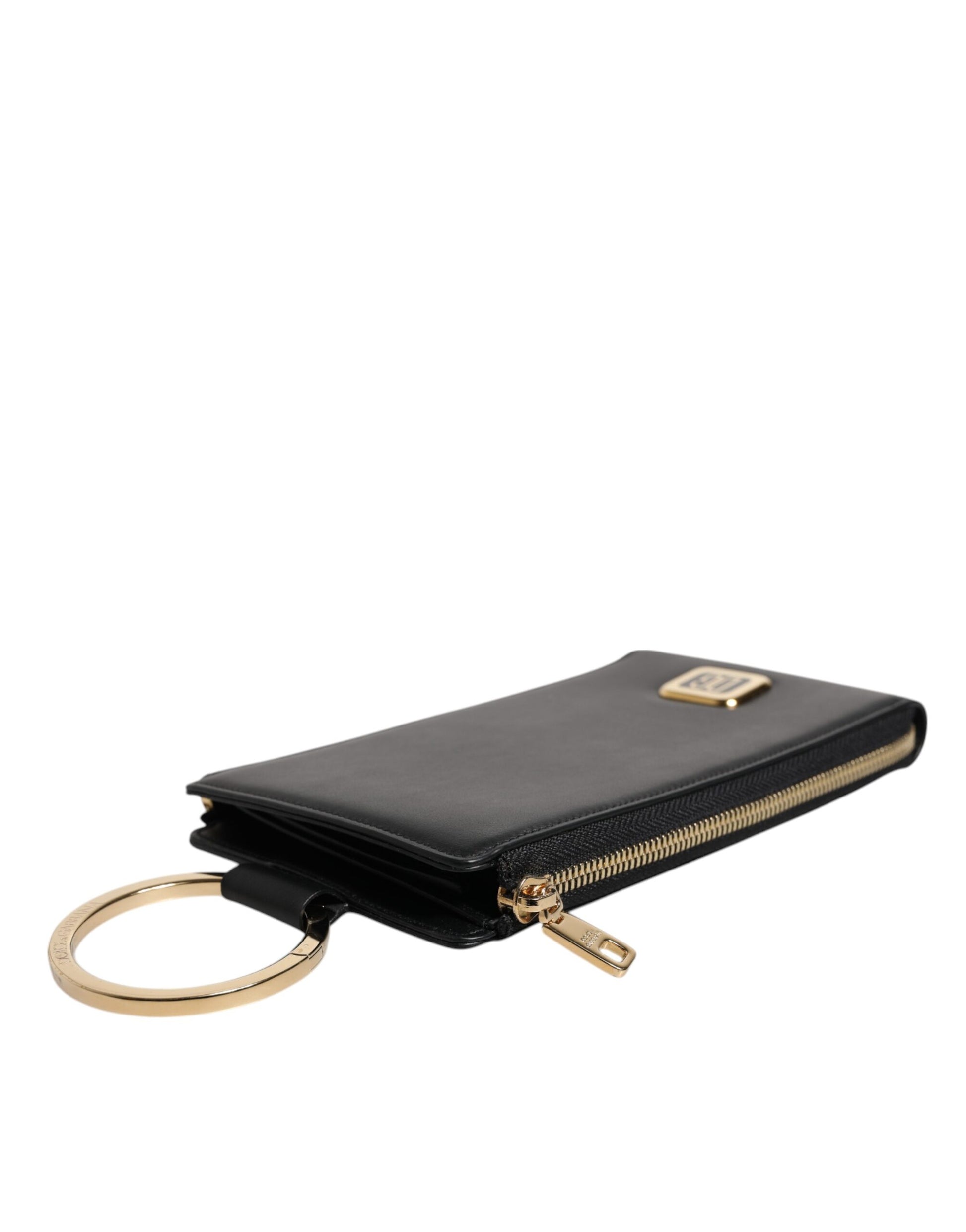 Black leather keychain with gold accents