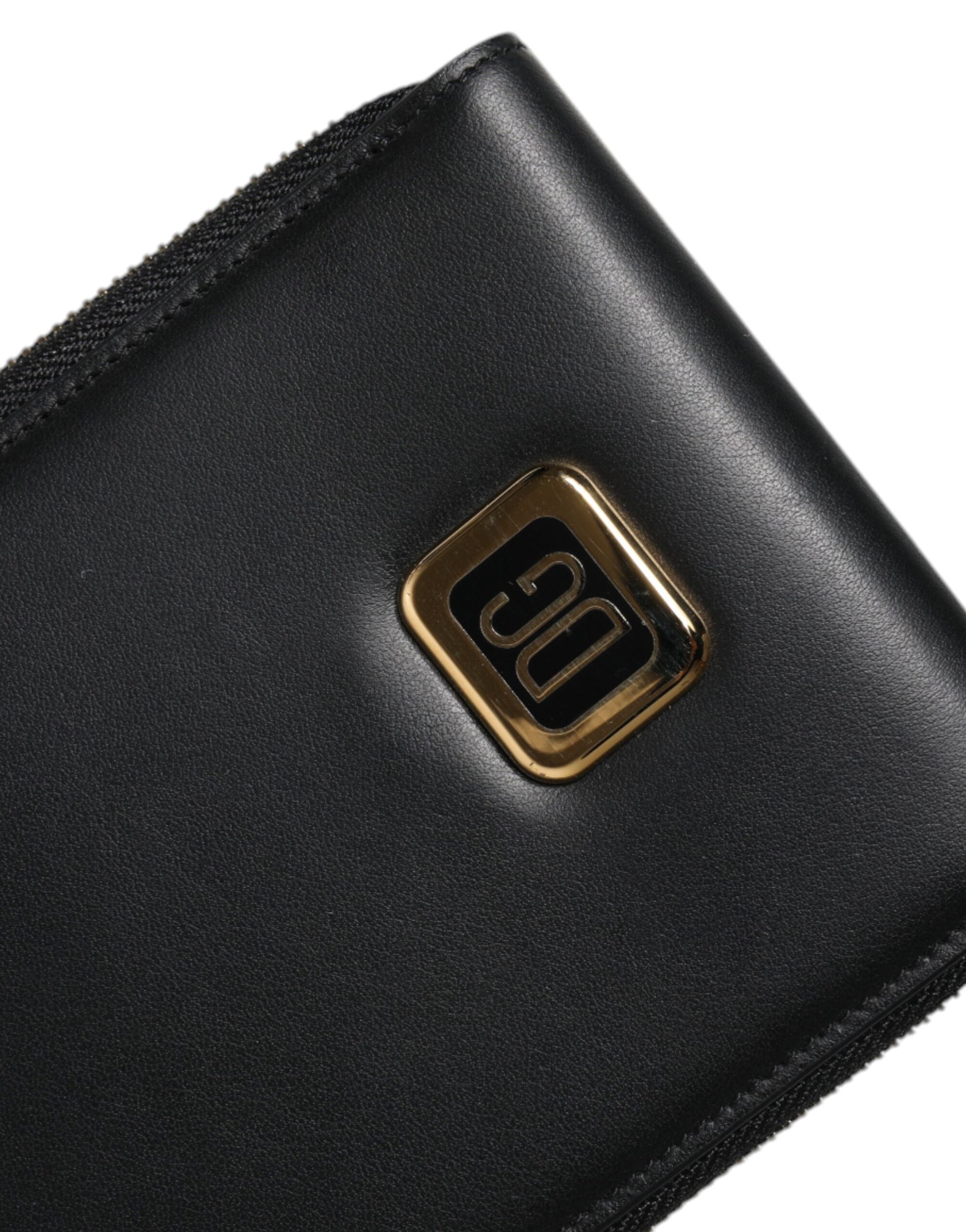 Black leather wallet with gold logo