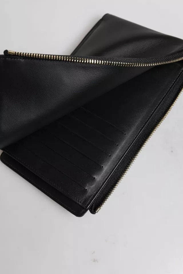 Black leather wallet with gold zipper