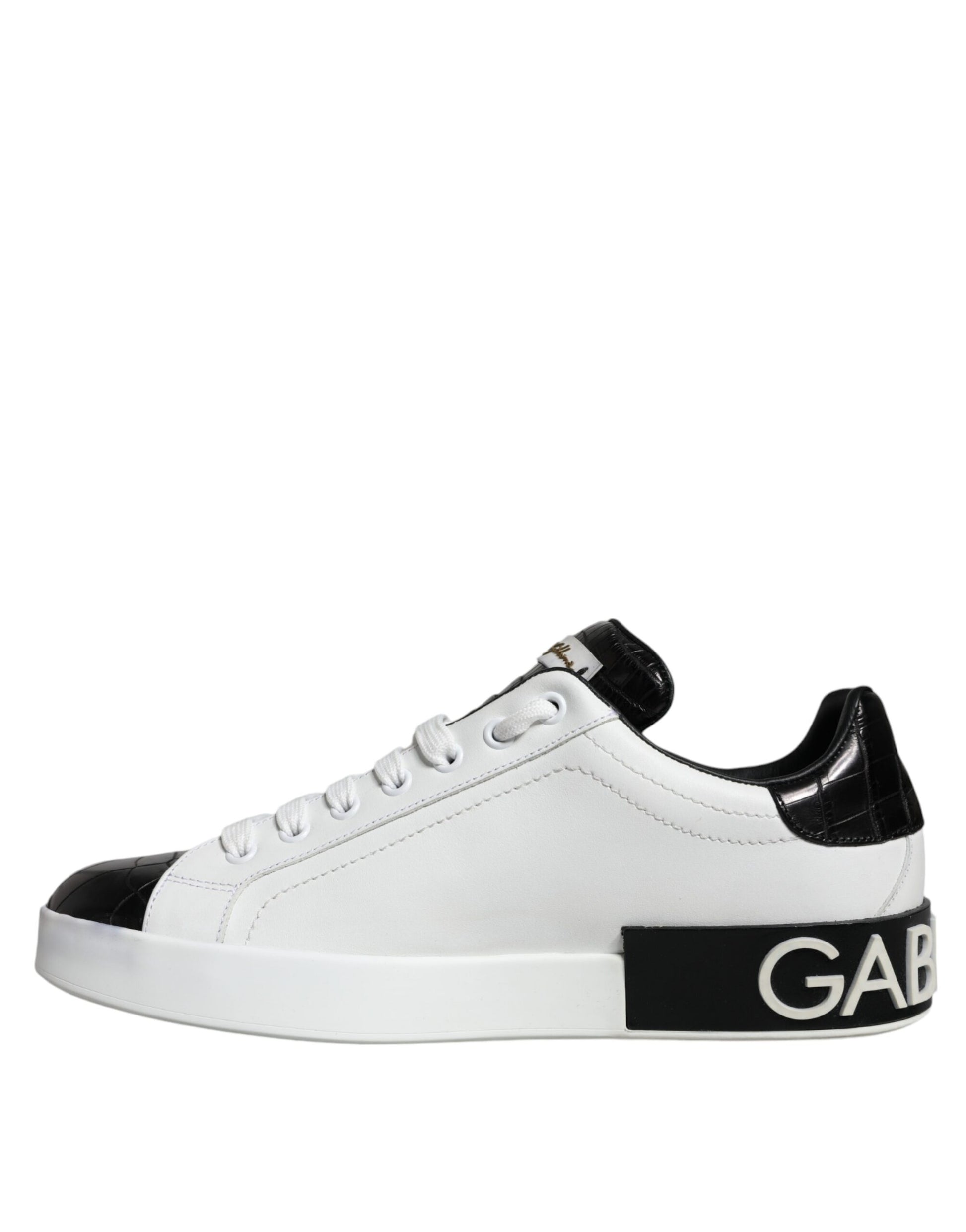 White sneakers with black logo on side, featuring a black and white checkered pattern