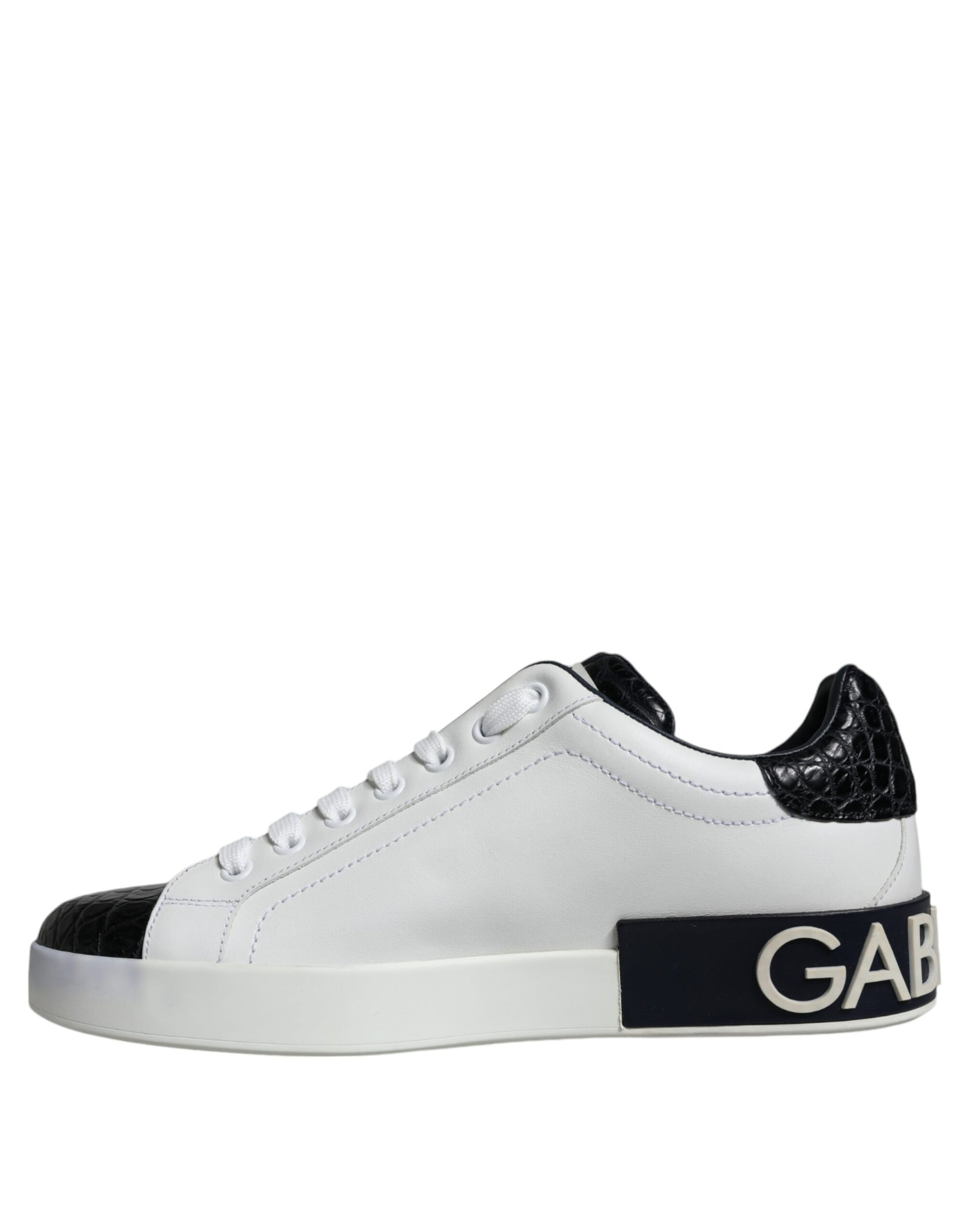 White sneakers with black logo, laces and sole