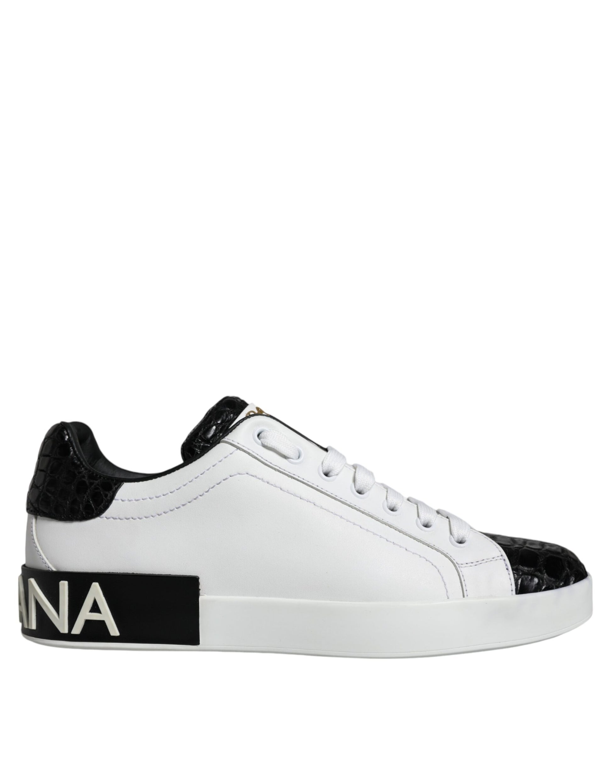 White sneakers with black logo, featuring a leather upper and laces