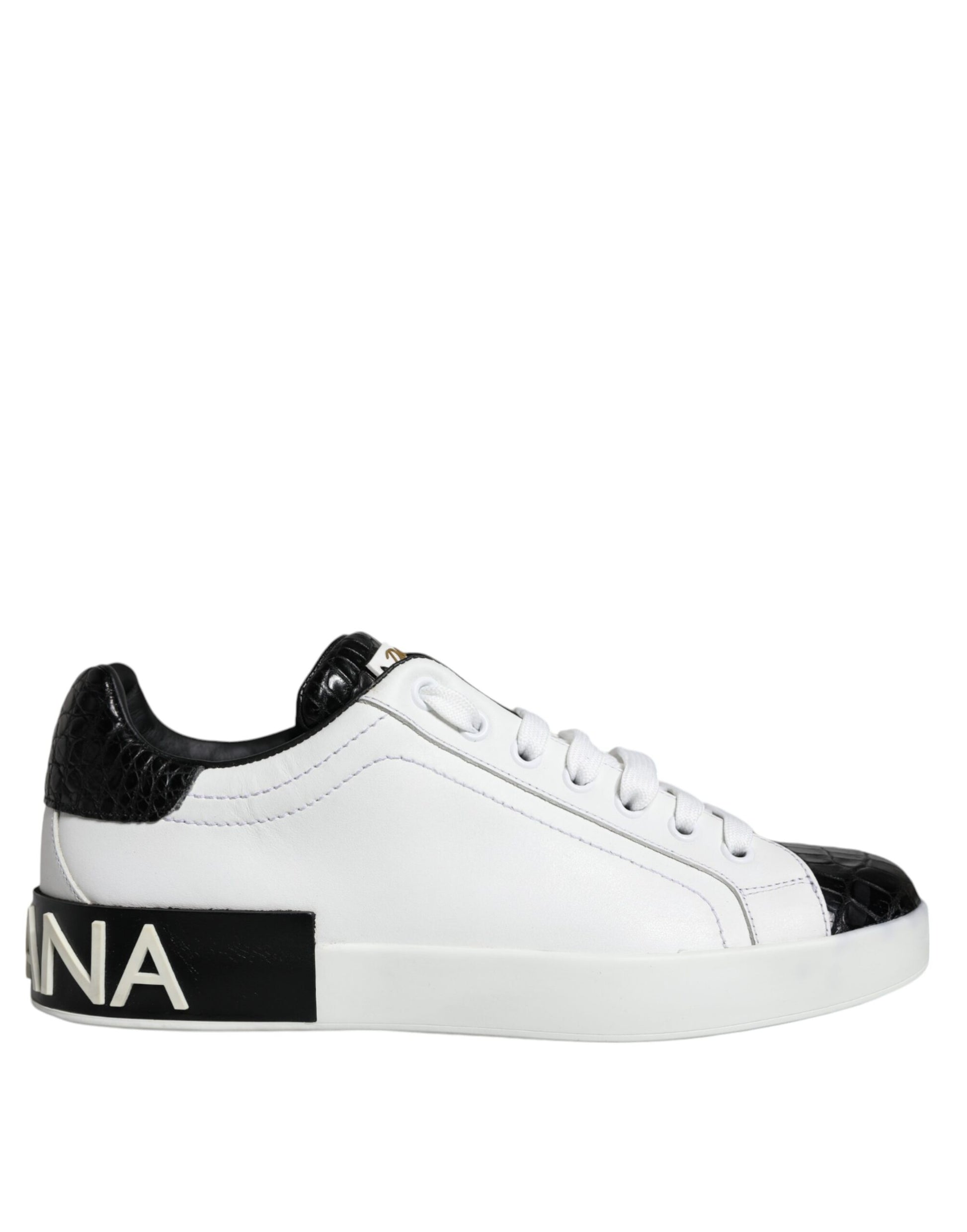 White sneakers with black logo, laces and sole