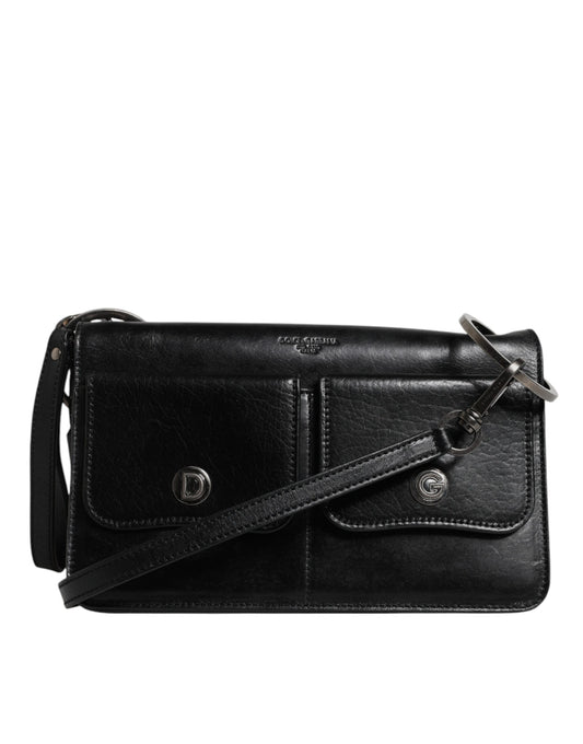 Black leather crossbody bag with silver hardware