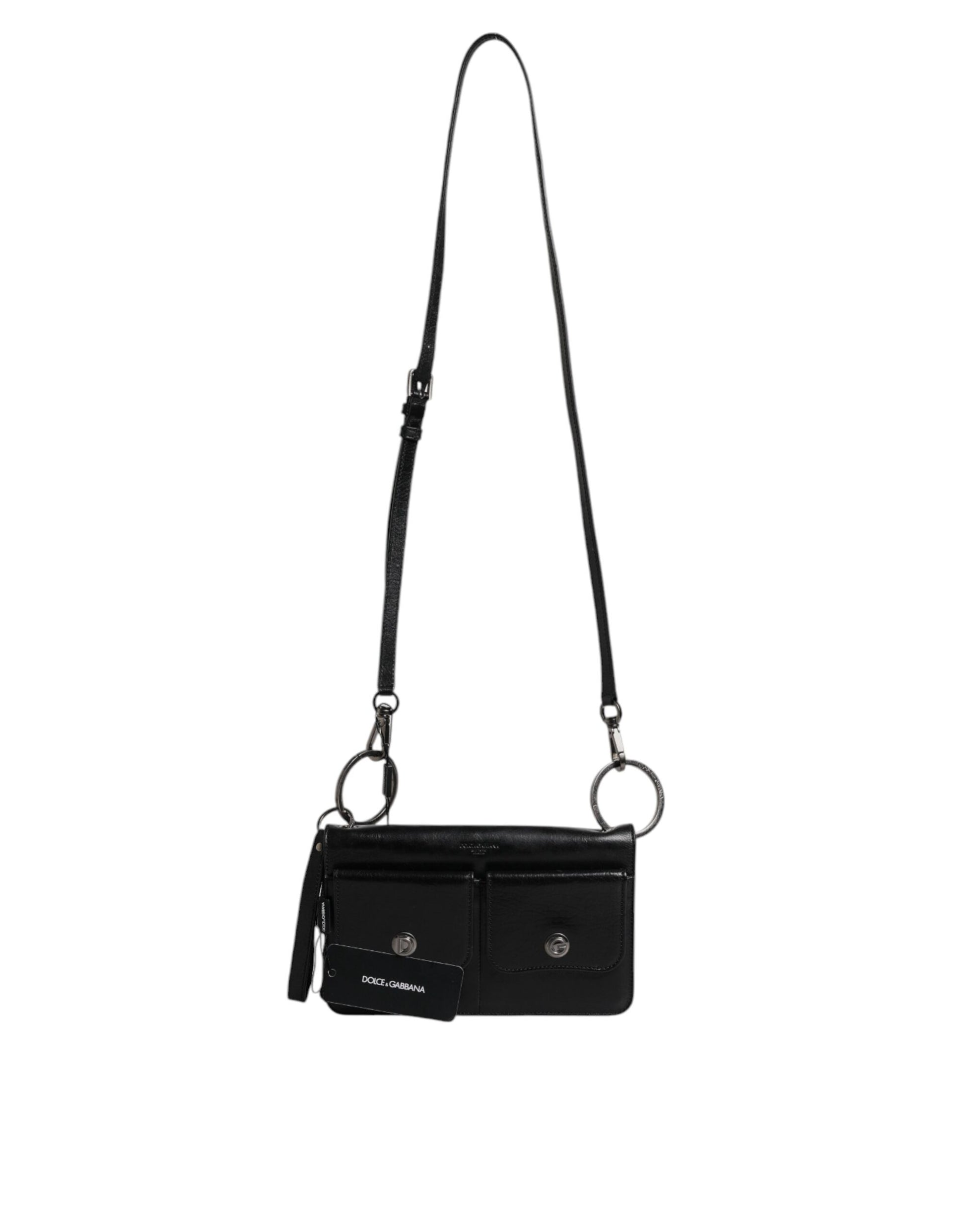 Black leather crossbody bag with silver hardware