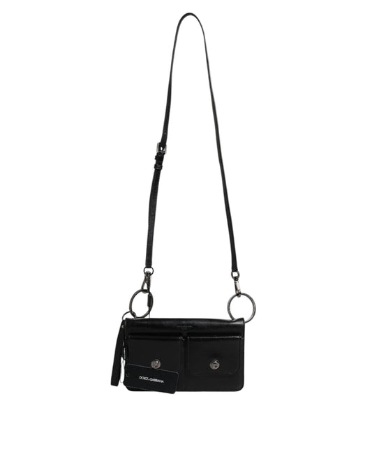Black leather crossbody bag with silver hardware